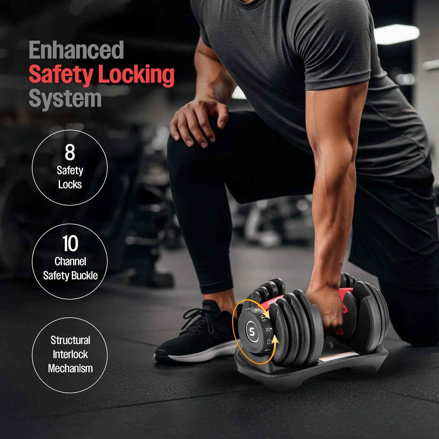 دمبل قابل تنظیم اسپارنود فیتنس SAD-16، 16 کیلوگرم، تنظیم سریع 12 حالته با شماره‌گیر دیجیتال، فولاد مستحکم، نایلون و لاستیک نرم، 8 قفل ایمنی، دسته ضد لغزش، سینی پایه