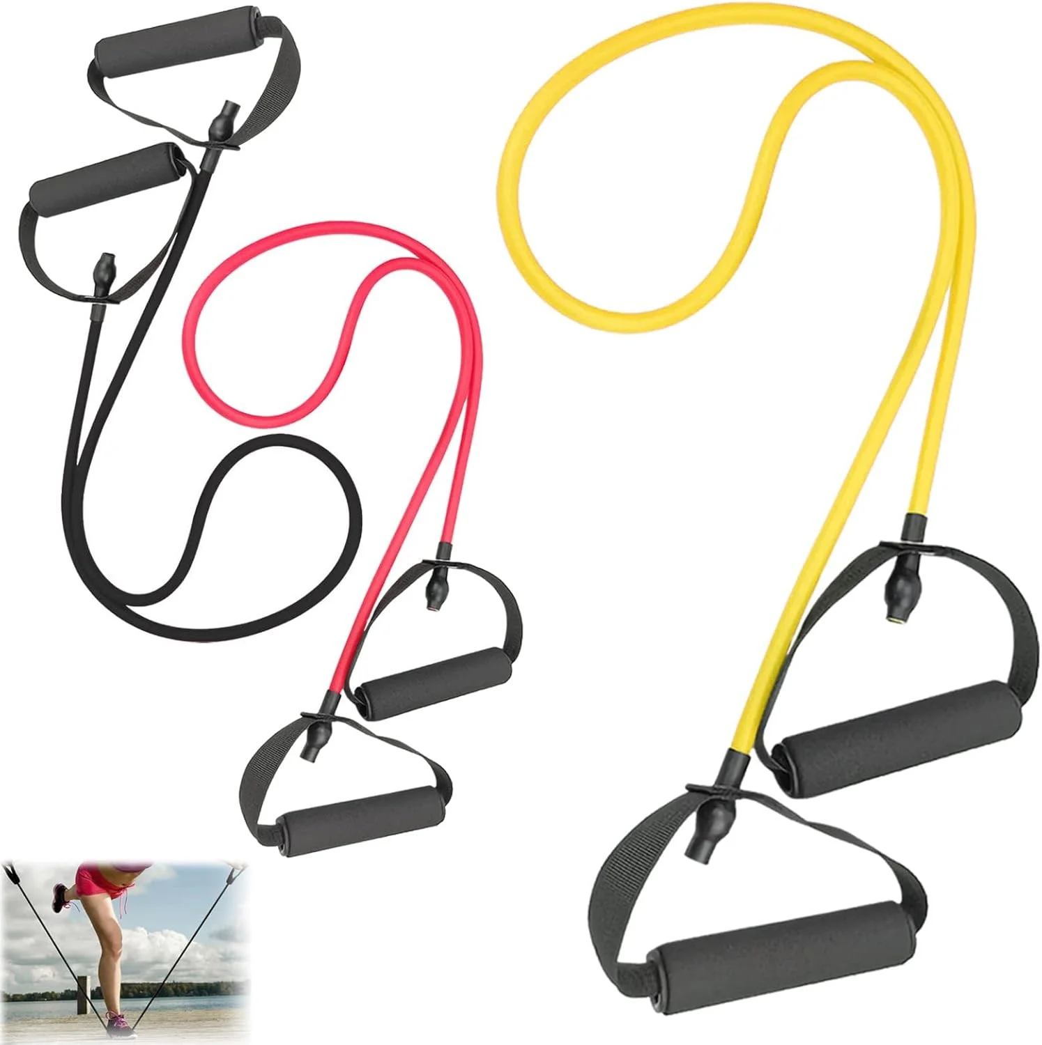 ست ۳ عددی کش های مقاومتی با دسته، کش های ورزشی با دسته، برای تمرینات مقاومتی، تمرینات خانگی، تناسب اندام، پیلاتس