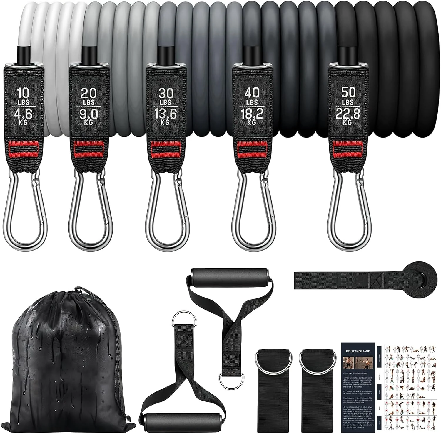 ست کش های مقاومتی، کش های ورزشی 150 پوندی با دسته برای آقایان و بانوان، کش های تمرینی با لنگر در و بند های مچ پا، برای تمرین عضلات، فیزیوتراپی، فرم دهی بدن، یوگا