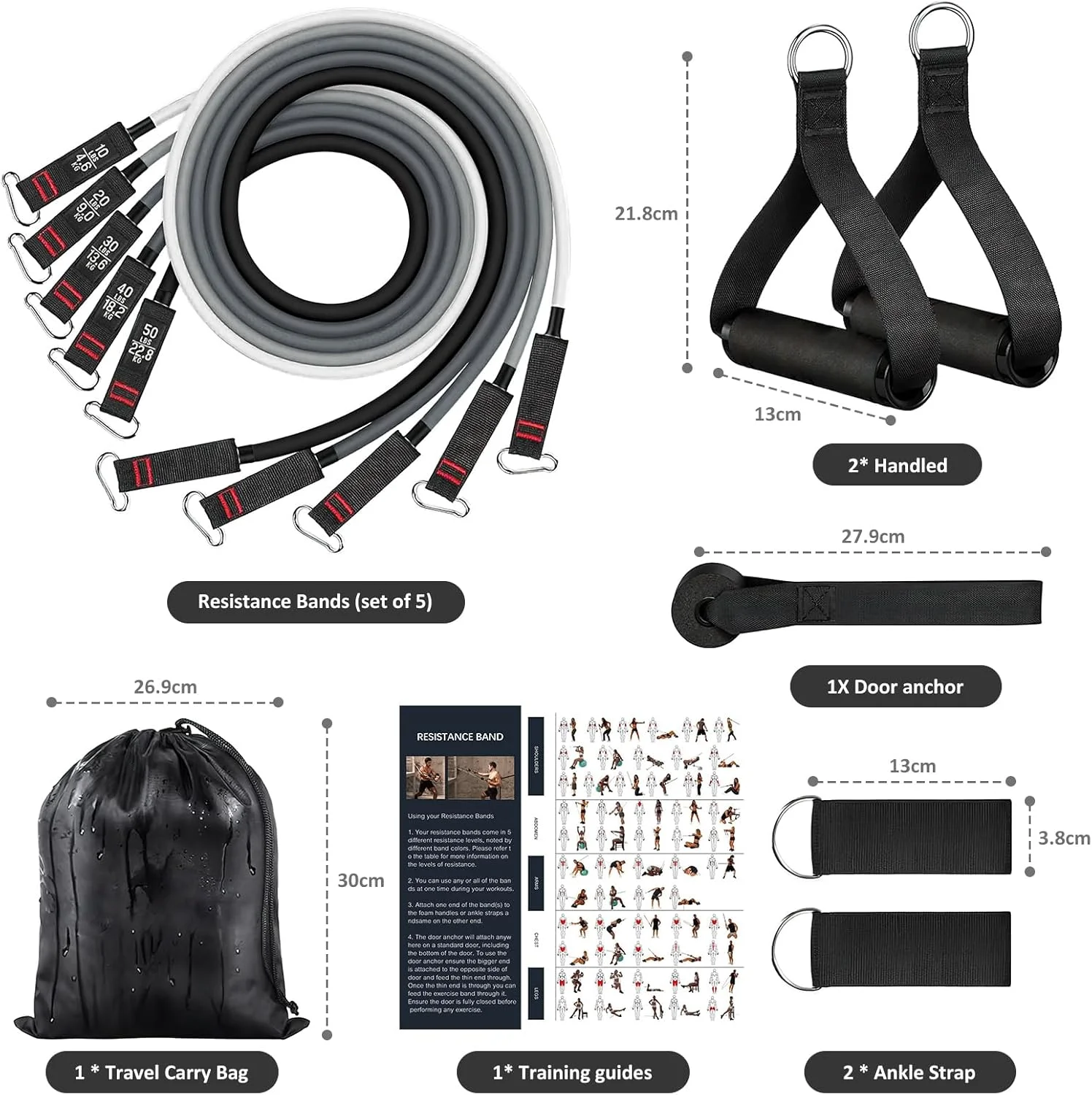 ست کش های مقاومتی، کش های ورزشی 150 پوندی با دسته برای آقایان و بانوان، کش های تمرینی با لنگر در و بند های مچ پا، برای تمرین عضلات، فیزیوتراپی، فرم دهی بدن، یوگا