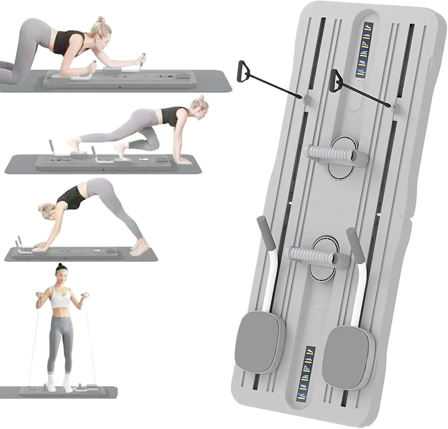 تخته پیلاتس، ست اصلاح کننده پیلاتس، تخته تمرین شکم چند منظوره، تخته اصلاح کننده پیلاتس تاشو با پشتیبانی آرنج و باندهای مقاومتی، دستگاه تمرین دهنده عضلات شکم برای خانه
