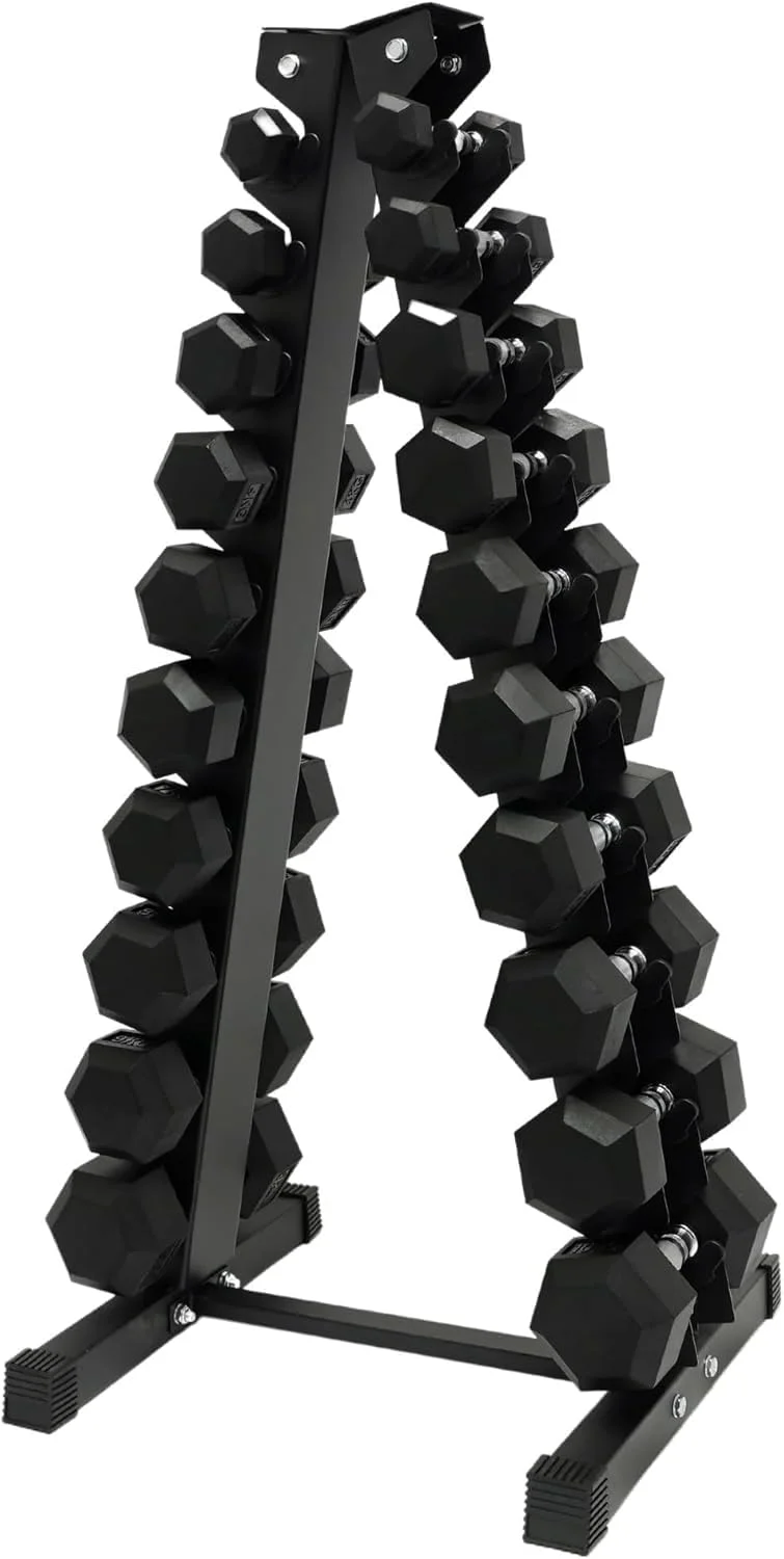 ست دمبل شش ضلعی پروکسیما هلث اند فیتنس ۱ تا ۱۰ کیلوگرم به همراه استند عمودی جمع و جور | ست ۱۰ جفتی دمبل (مجموعا ۱۱۰ کیلوگرم) | دمبل های روکش دار لاستیکی برای تمرینات قدرتی در خانه به همراه استند دمبل