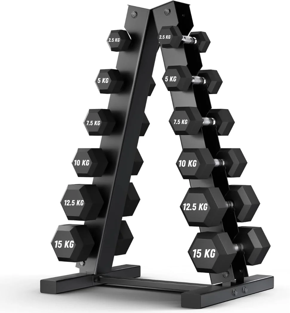 مجموعه دمبل شش ضلعی Proxima Health & Fitness با رک A-فریم 6 طبقه سنگین | دمبل های روکش دار لاستیکی از 2.5 کیلوگرم تا 15 کیلوگرم | تجهیزات تمرین قدرتی با دستگیره ارگونومیک | رک کامل باشگاه خانگی