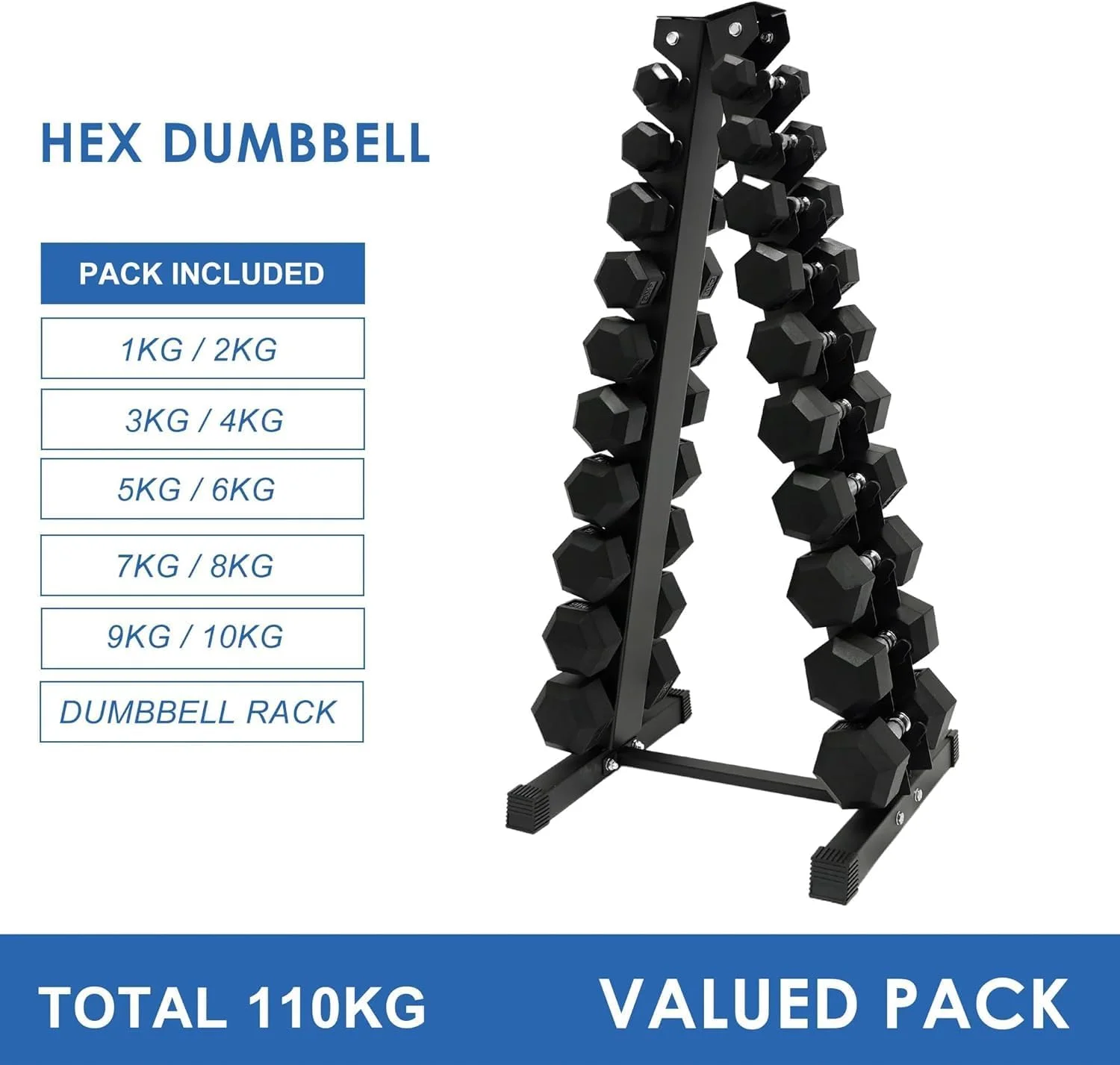 ست دمبل شش ضلعی پروکسیما هلث اند فیتنس ۱ تا ۱۰ کیلوگرم به همراه استند عمودی جمع و جور | ست ۱۰ جفتی دمبل (مجموعا ۱۱۰ کیلوگرم) | دمبل های روکش دار لاستیکی برای تمرینات قدرتی در خانه به همراه استند دمبل