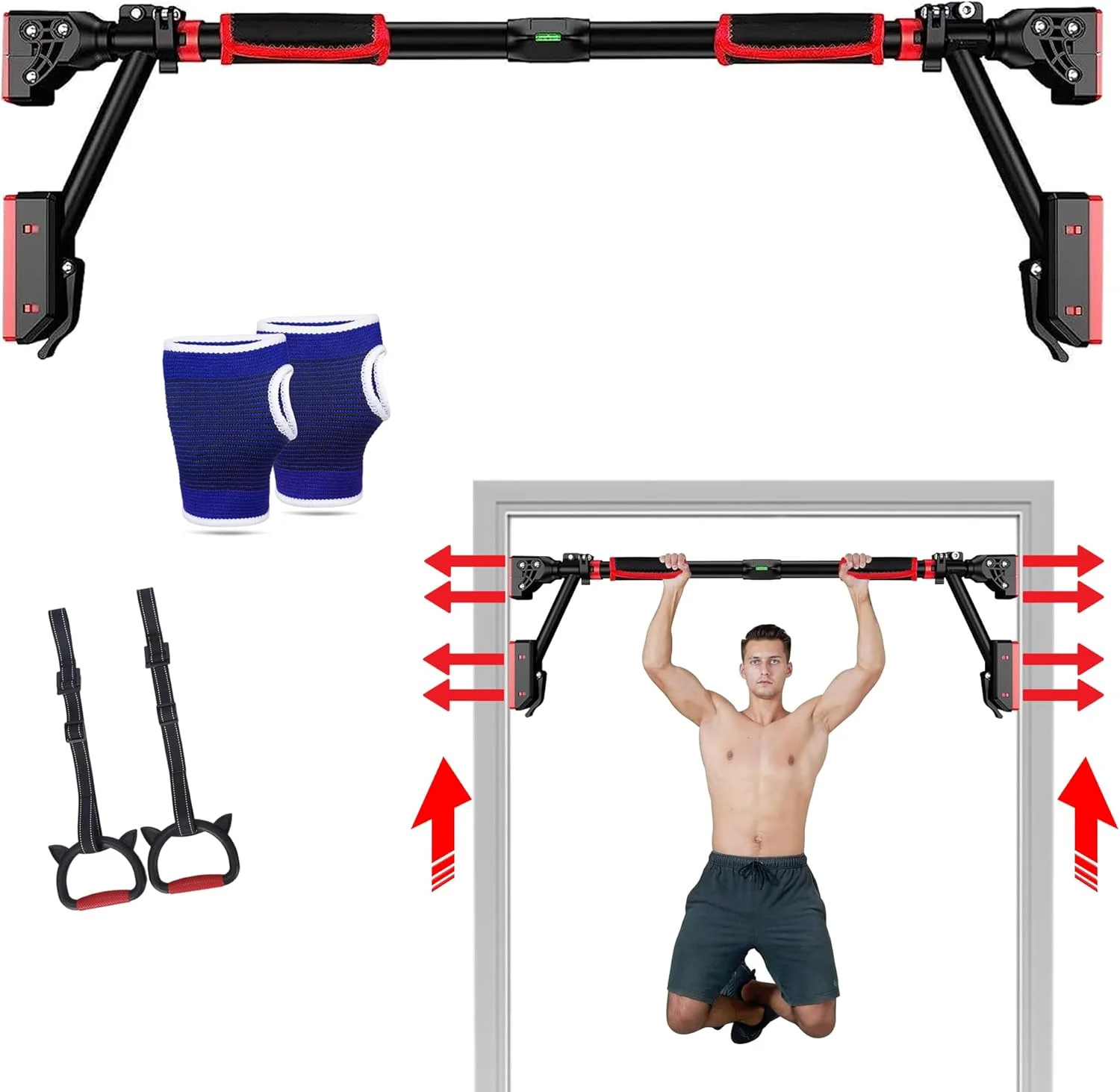 بارفیکس - بارفیکس دو طرفه برای تمرینات قدرتی، 1 جفت حلقه ژیمناستیک، 1 جفت دستکش، بارفیکس قابل حمل برای تمرینات ورزشی با تراز (مشکی، بسته 3 عددی)
