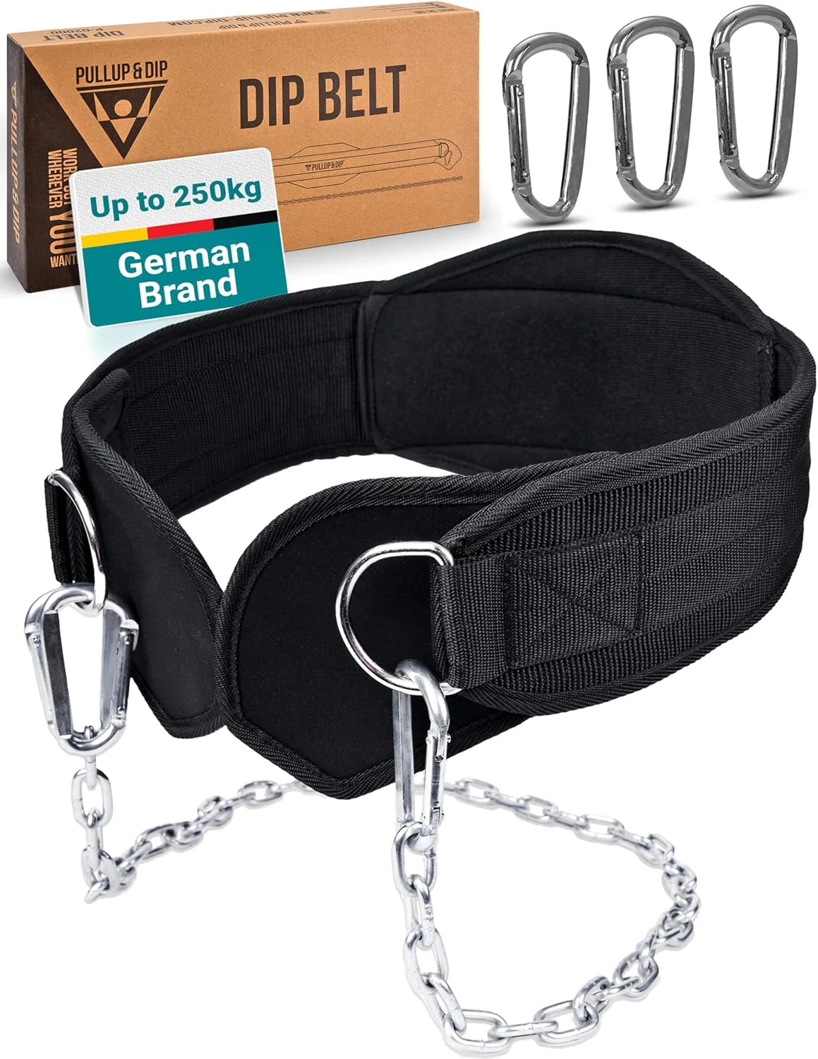 کمربند بارفیکس و دیپ با زنجیر و 3 عدد کارابین، کمربند دیپ شامل روکش نئوپرن به عنوان محافظ لباس، کمربند وزنه، کمربند وزنه دار، کمربند بارفیکس برای تمرینات کالیستنیکس، تمرین با وزنه، بدنسازی