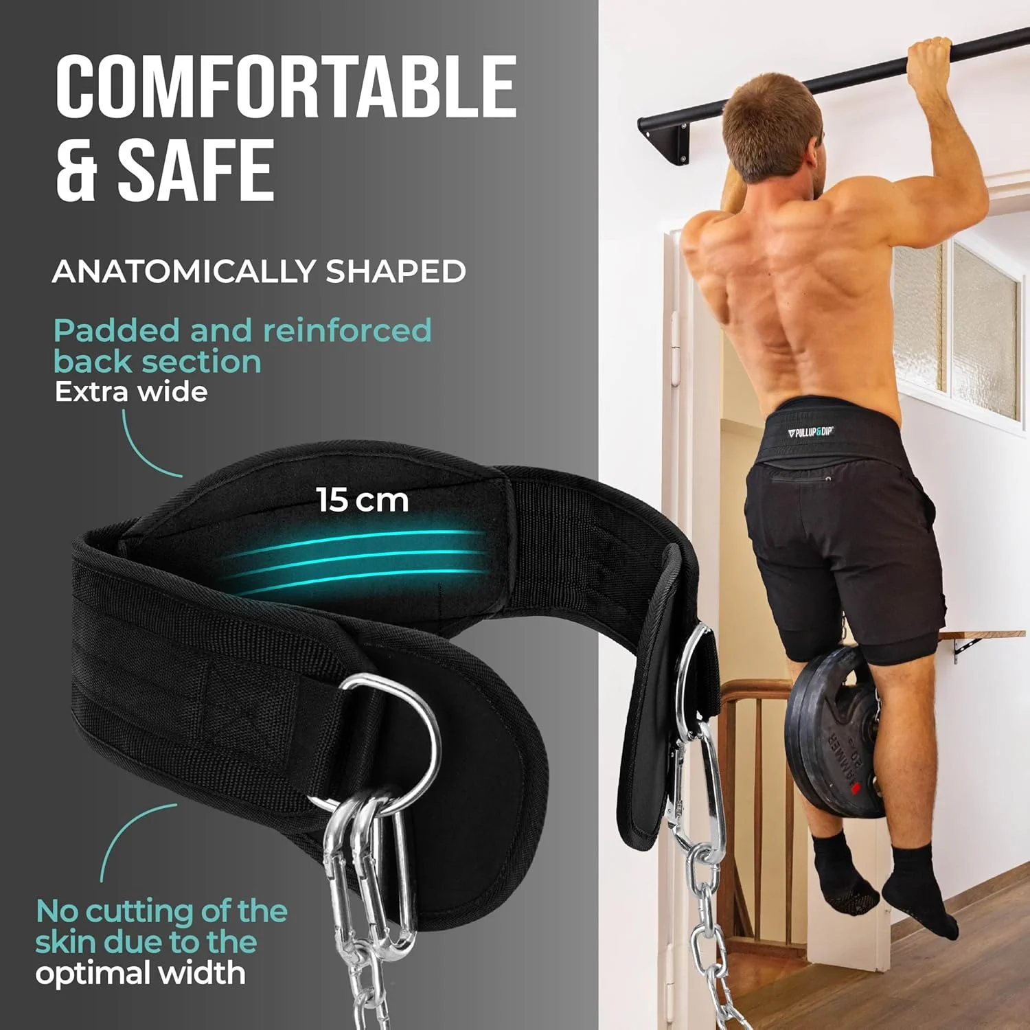 کمربند بارفیکس و دیپ با زنجیر و 3 عدد کارابین، کمربند دیپ شامل روکش نئوپرن به عنوان محافظ لباس، کمربند وزنه، کمربند وزنه دار، کمربند بارفیکس برای تمرینات کالیستنیکس، تمرین با وزنه، بدنسازی