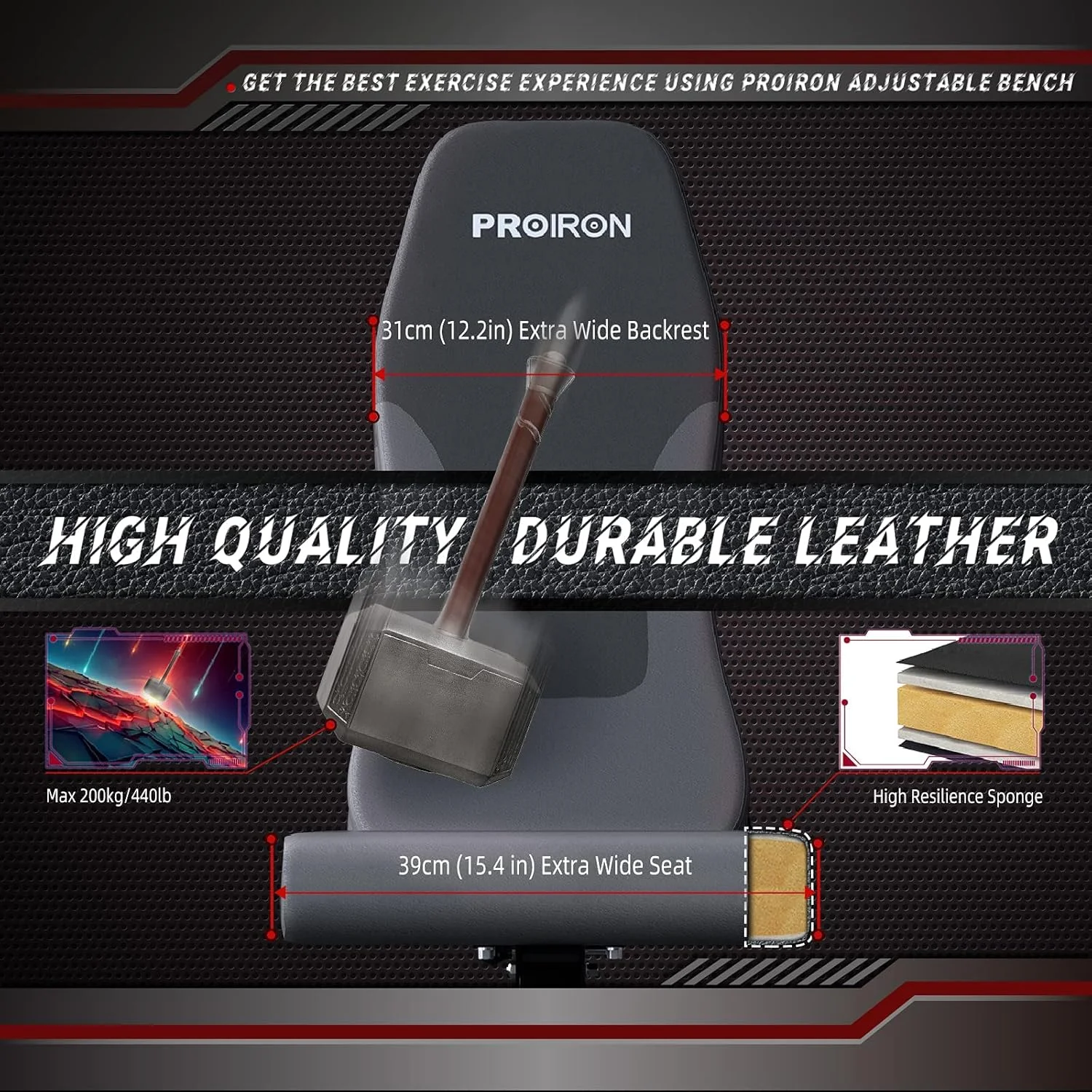 نیمکت وزنه برداری قابل تنظیم PROIRON برای تمرینات قدرتی کل بدن، چند منظوره، تاشو، شیب دار، مناسب برای باشگاه خانگی به همراه کش های مقاومتی