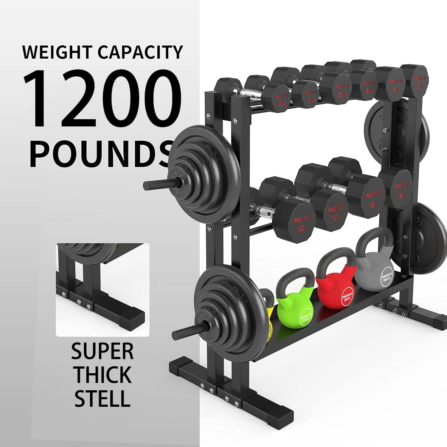 قفسه دمبل PROIRON، قفسه 3 طبقه برای نگهداری دمبل، صفحات وزنه و کتل بل (ظرفیت وزنی 450 کیلوگرم، نسخه 2023)