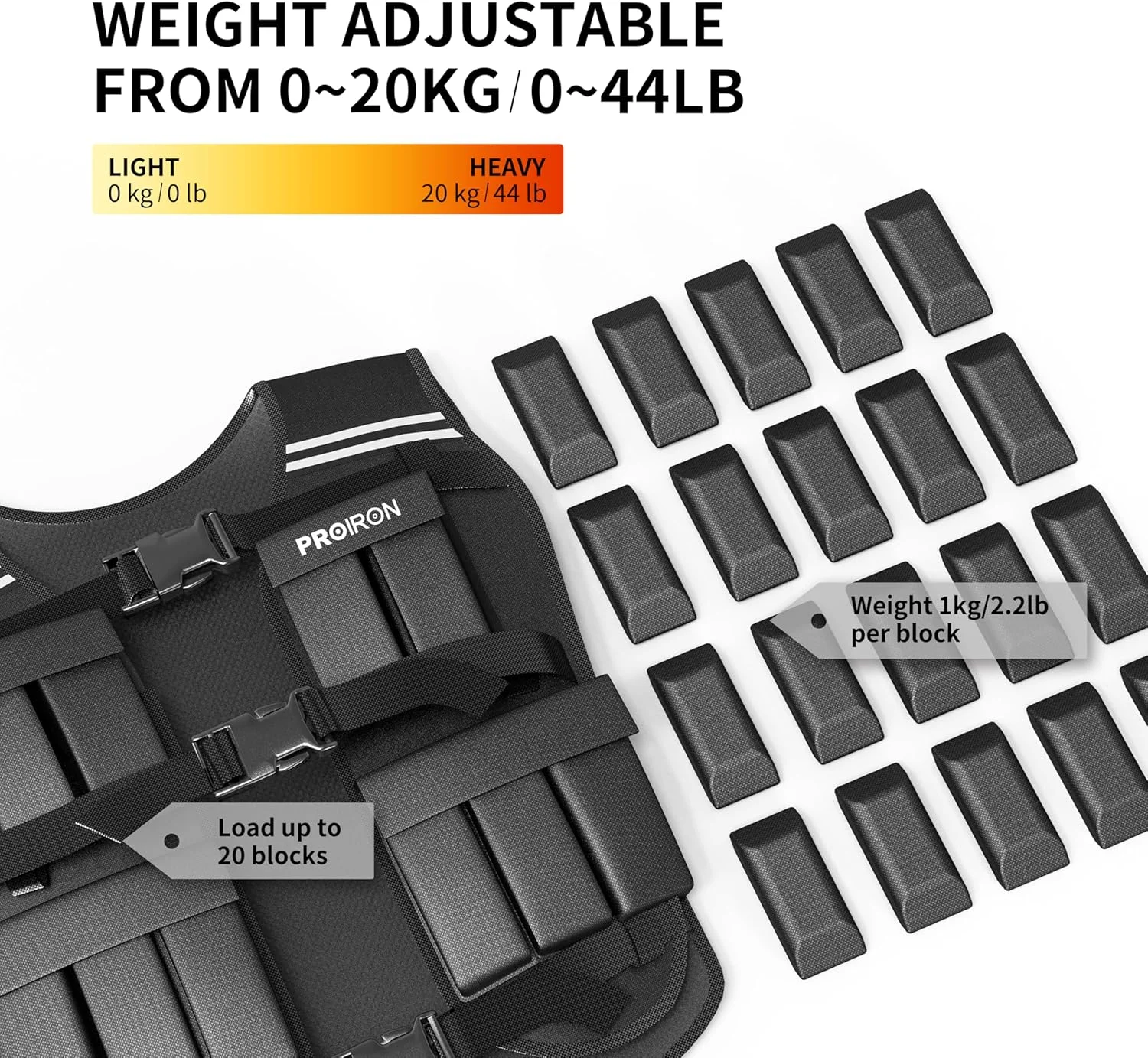 جلیقه وزنه دار قابل تنظیم پروایرون، 20 بسته وزنه، جلیقه وزنه مردانه زنانه با نوار بازتابنده برای تمرینات قدرتی دویدن، پیاده روی، ورزش در خانه، تناسب اندام، کاردیو، کاهش وزن، مشکی