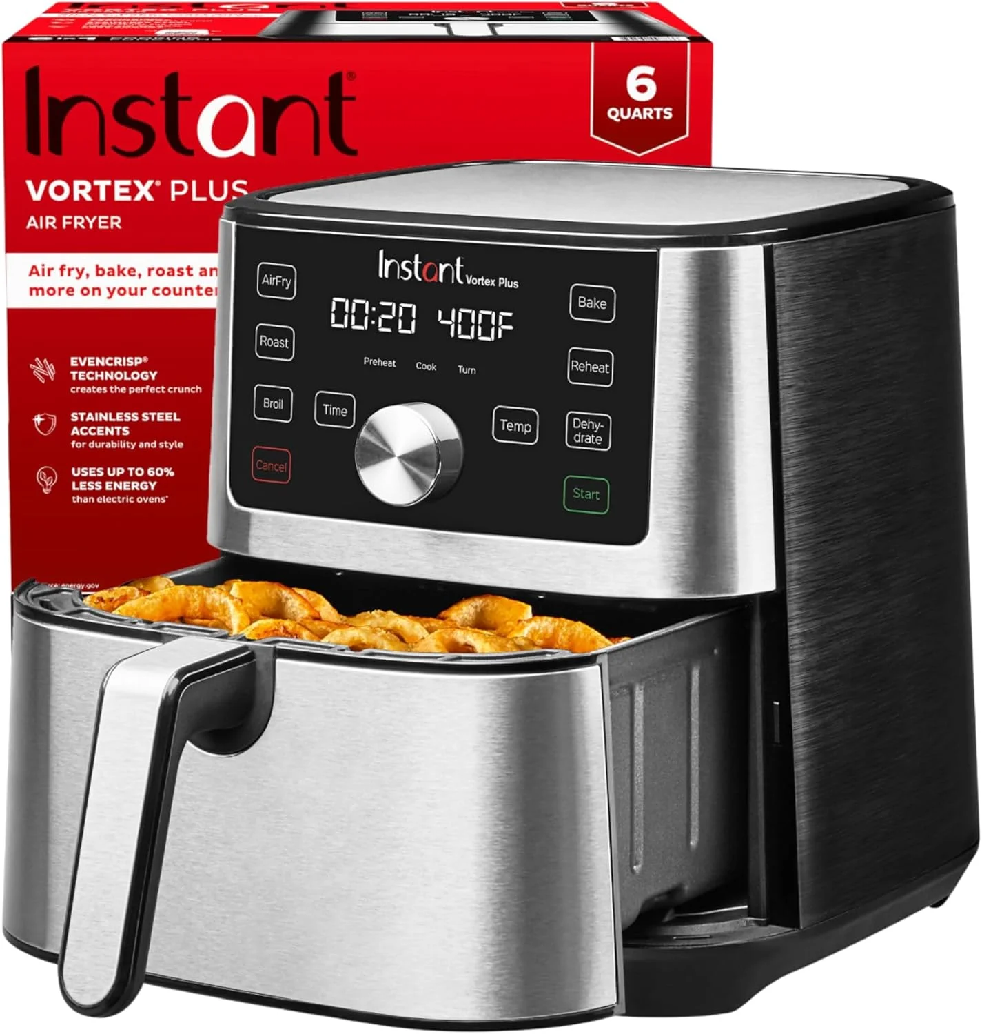 سرخ کن هوا فوری Vortex Plus 6QT XL، 6 در 1، گریل، خشک کن، ترد کن، برشته کن، گرم کن مجدد، پخت برای وعده های غذایی آسان و سریع، بیش از 100 دستور غذا در برنامه، قابل شستشو در ماشین ظرفشویی، از سازندگان Instant Pot، مشکی