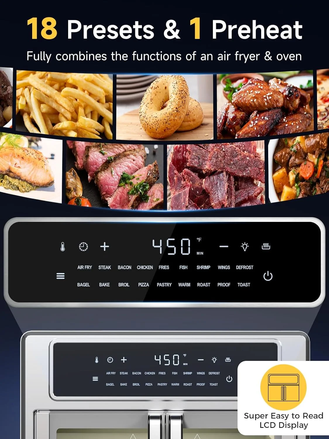 فر توستر درب فرانسوی Kitchen Elite® Air Fryer، ۲۵ لیتری، تمیز کردن و استفاده آسان، اجاق گاز رومیزی بزرگ، ۱۸ تنظیمات از پیش تعیین شده و ۱ پیش گرمایش و ۱ چراغ، پخت چند لایه، ۴ لوازم جانبی، استیل ضد زنگ فر توستر درب فرانسوی Kitchen Elite® Air Fryer، ۲۵ لیتری، تمیز کردن و استفاده آسان، اجاق گاز رومیزی بزرگ، ۱۸ تنظیمات از پیش تعیین شده و ۱ پیش گرمایش و ۱ چراغ، پخت چند لایه، ۴ لوازم جانبی، استیل ضد زنگ