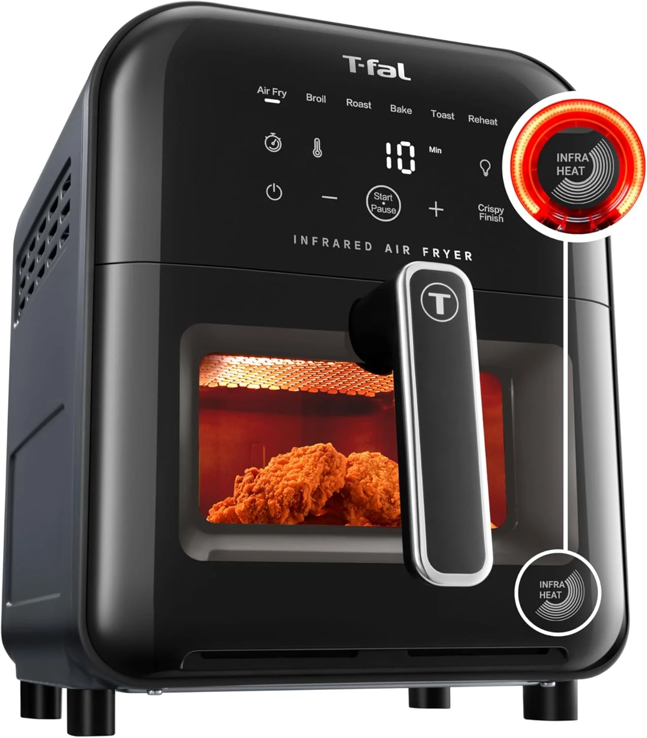 سرخ کن هوا T-fal مادون قرمز، 2 برابر سریعتر از گرمایش سنتی*، سرخ کن هوا بزرگ و ترکیبی تستر، صفحه لمسی دیجیتال 6 کوارت، عملکردهای پخت و پز 7 در 1، فناوری بدون لرزش، 1550 وات، مشکی