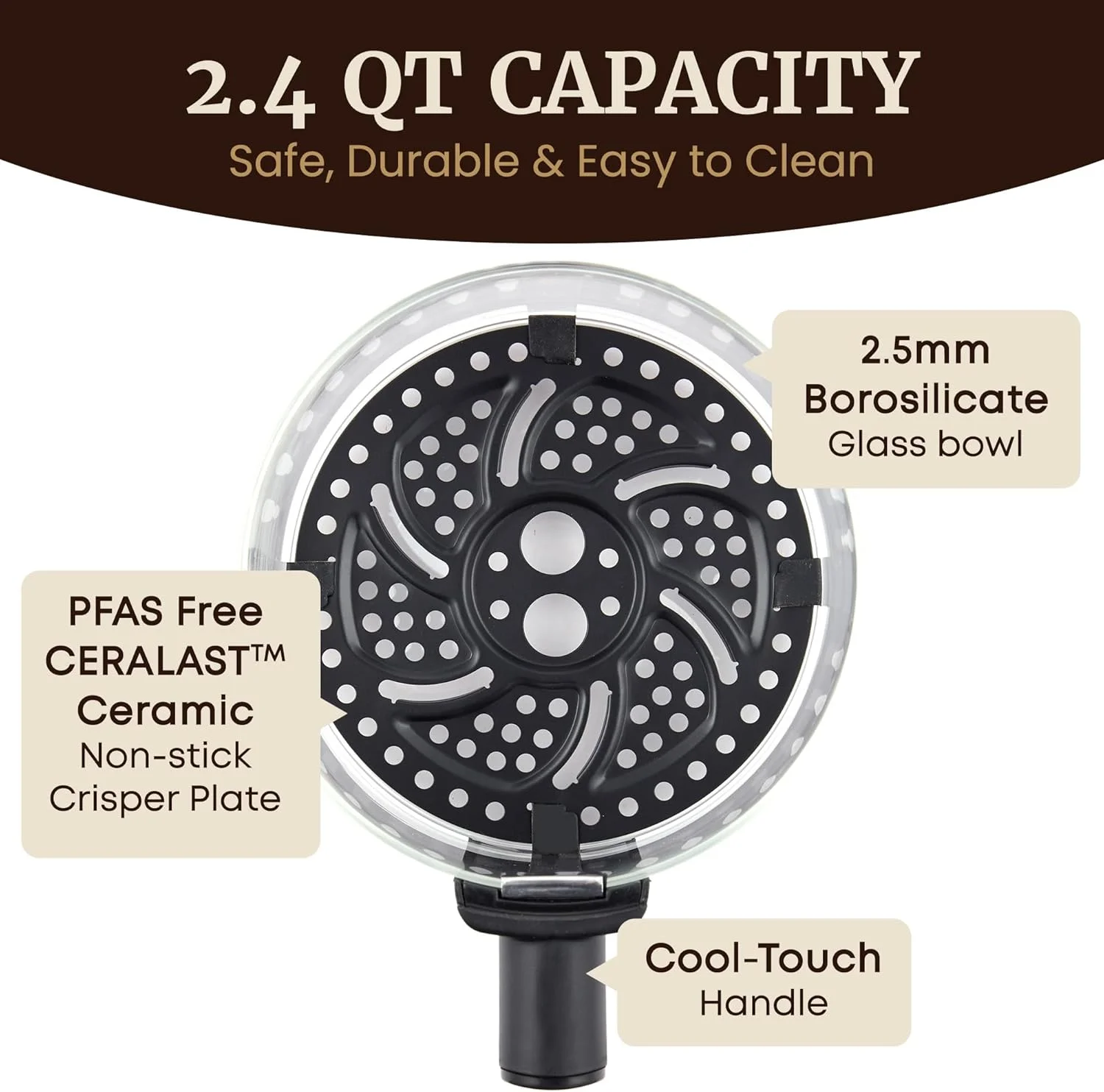 سرخ کن هوا شیشه ای الیت گورمت مدل EAF2305، ظرفیت 2.4 لیتر، سبد سرخ کن با پوشش سرامیکی Ceralast™ بدون PFAS، دمای قابل تنظیم 79 تا 204 درجه سانتیگراد، تایمر 30 دقیقه ای، 1150 وات، 15 دستور غذا، مشکی