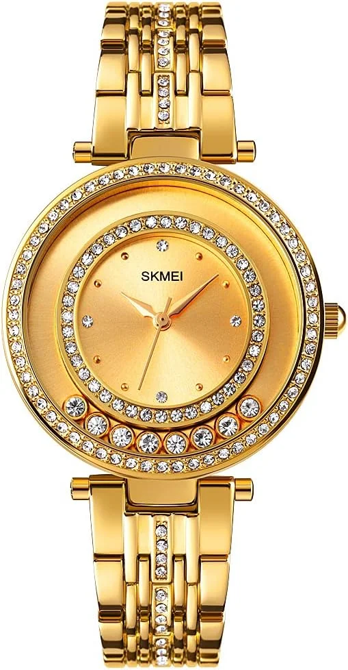 ساعت مچی زنانه SKMEI، فشن، لوکس، نگین دار، مناسب استایل رسمی و روزمره، آنالوگ کوارتز، استیل ضد زنگ، ضد آب، طلایی