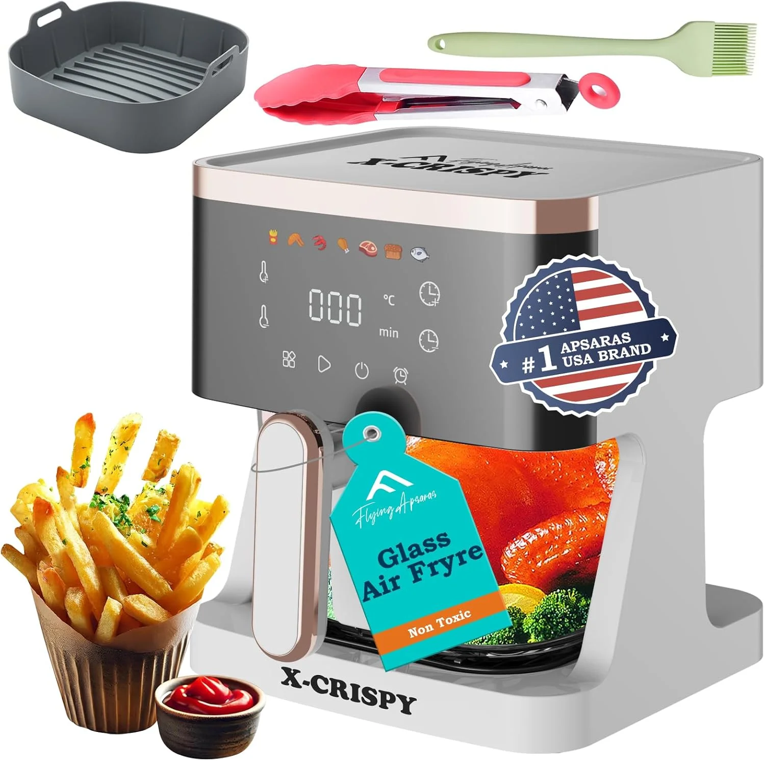 سرخ کن بادی شیشه ای غیر سمی APSARAS USA، سرخ کن بادی 5.2QT با دیگ شیشه ای دیدنی، کاسه سرخ کن شفاف برای بهترین نتایج پخت و پز، پخت میگو، استیک، سیب زمینی سرخ کرده، بال، مرغ و موارد دیگر با 97% روغن کمتر