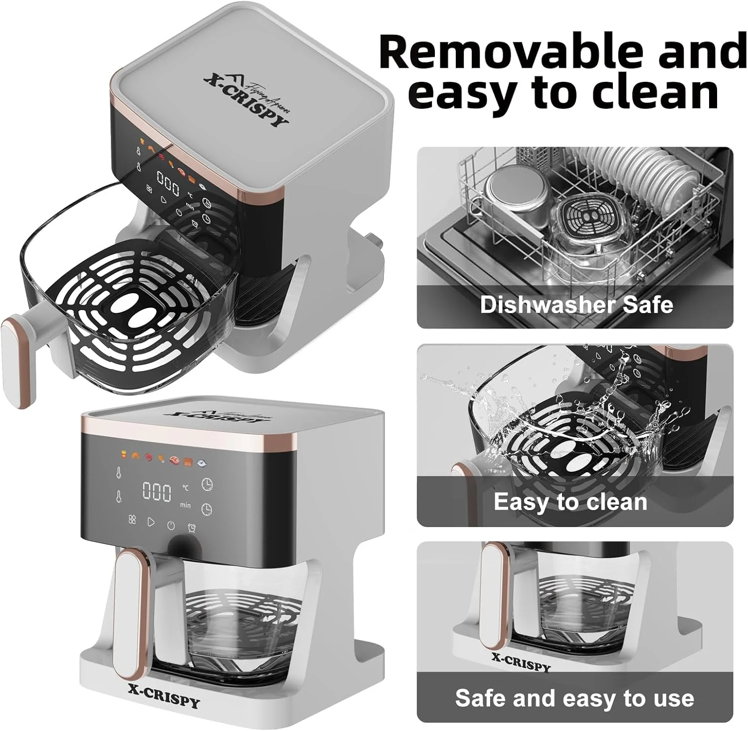 سرخ کن بادی شیشه ای غیر سمی APSARAS USA، سرخ کن بادی 5.2QT با دیگ شیشه ای دیدنی، کاسه سرخ کن شفاف برای بهترین نتایج پخت و پز، پخت میگو، استیک، سیب زمینی سرخ کرده، بال، مرغ و موارد دیگر با 97% روغن کمتر