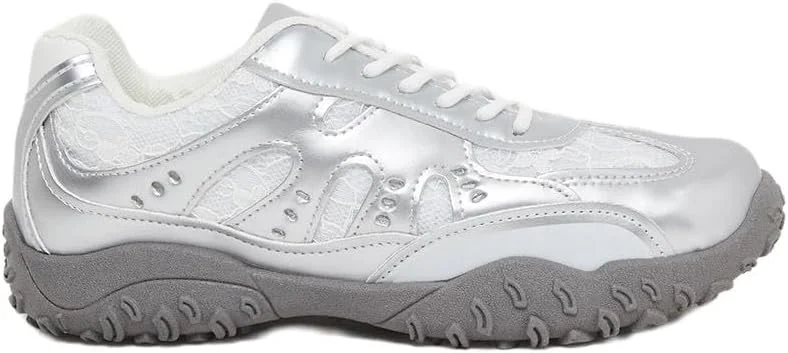 کفش ورزشی زنانه استایلی با زیره میخ دار متالیک و بند دار کفش ورزشی زنانه استایلی با زیره میخ دار متالیک و بند دار