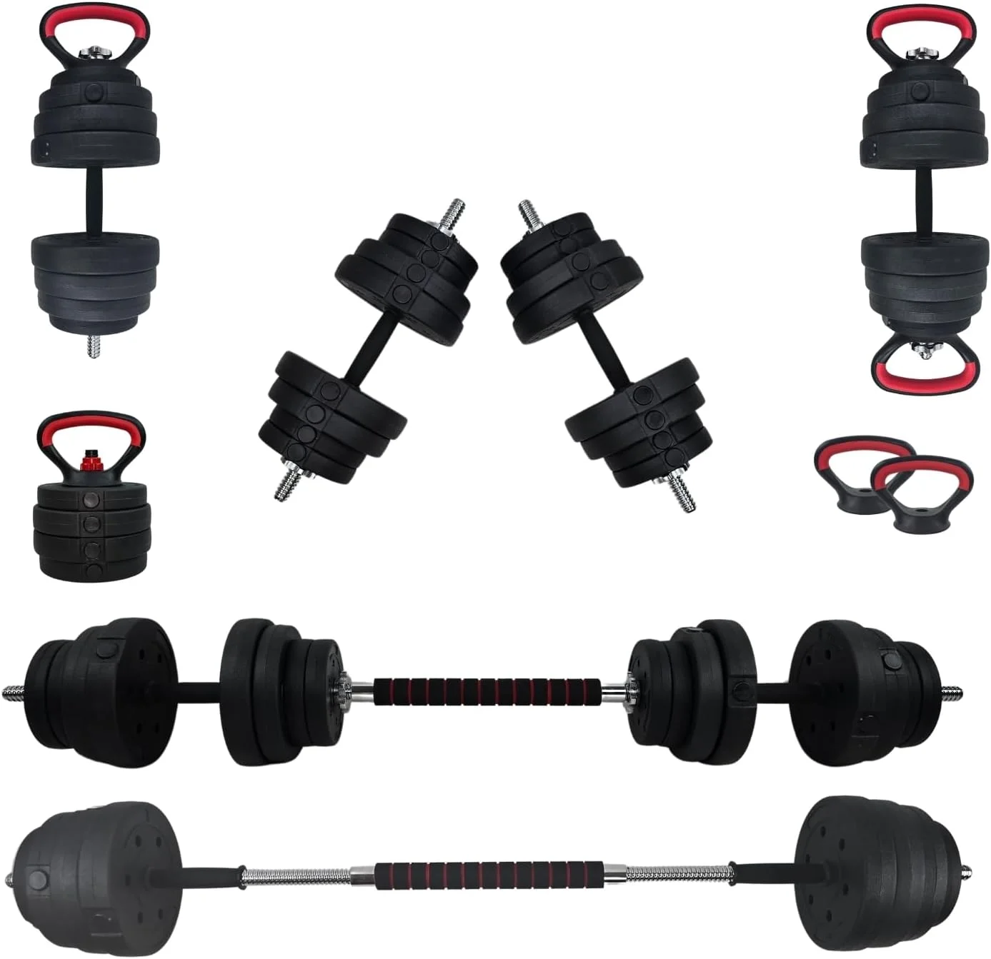 ست دمبل قابل تنظیم با رابط اتصال که به عنوان هالتر عمل می کند و دسته کتل بل به عنوان پایه شنا عمل می کند - ست دمبل PE با میله های آهنی جامد