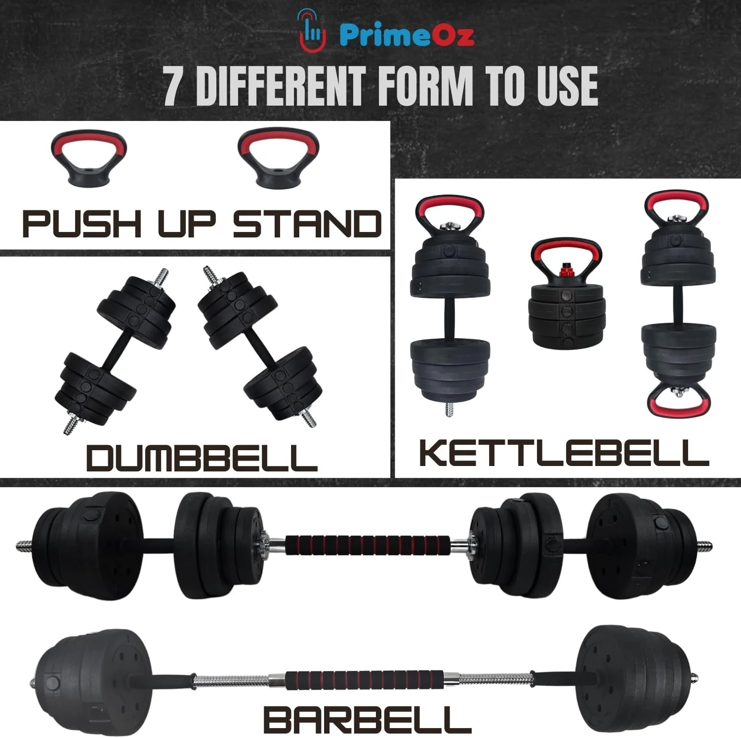 ست دمبل قابل تنظیم با رابط اتصال که به عنوان هالتر عمل می کند و دسته کتل بل به عنوان پایه شنا عمل می کند - ست دمبل PE با میله های آهنی جامد