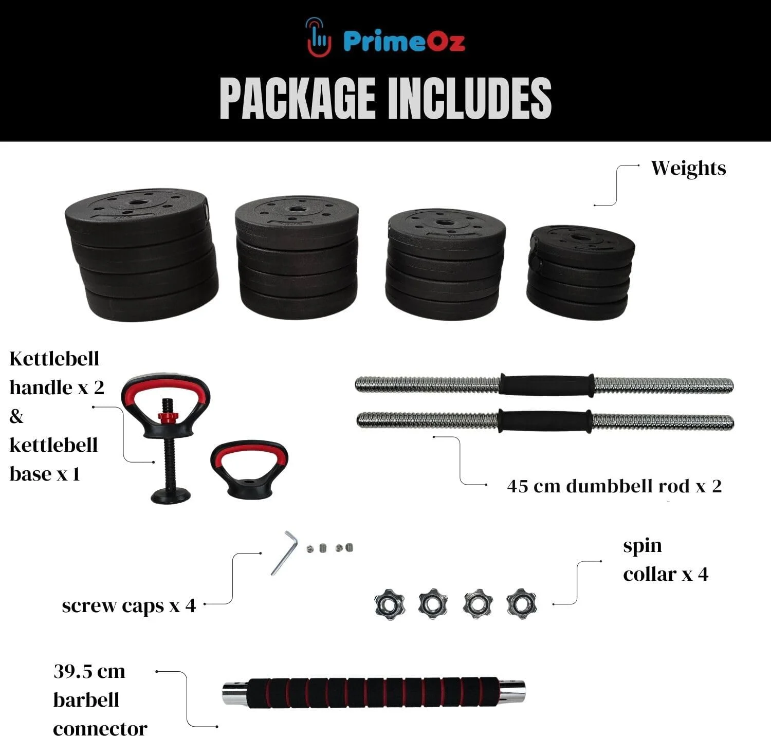 ست دمبل قابل تنظیم با رابط اتصال که به عنوان هالتر عمل می کند و دسته کتل بل به عنوان پایه شنا عمل می کند - ست دمبل PE با میله های آهنی جامد