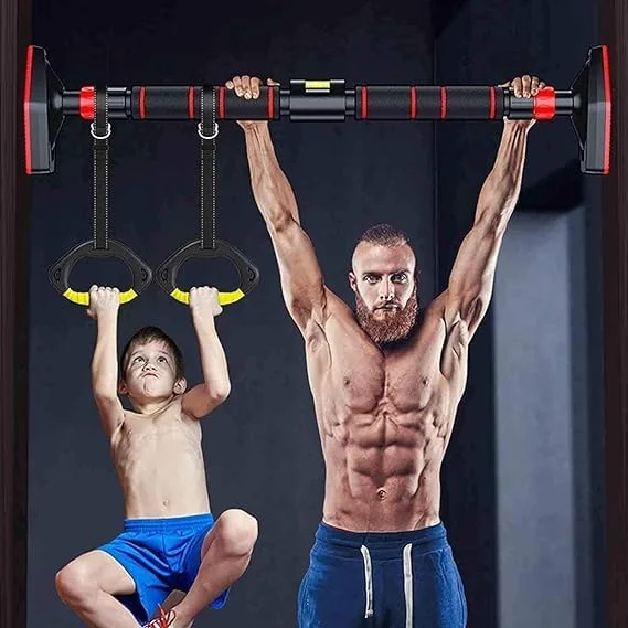 بارفیکس قابل تنظیم برای چارچوب در، تمرینات قدرتی با پیچ، نصب آسان، ورزش و تناسب اندام در خانه با تراز و عرض قابل تنظیم، حداکثر تحمل وزن 250 کیلوگرم، (92-130 سانتی متر) | رنگ قرمز