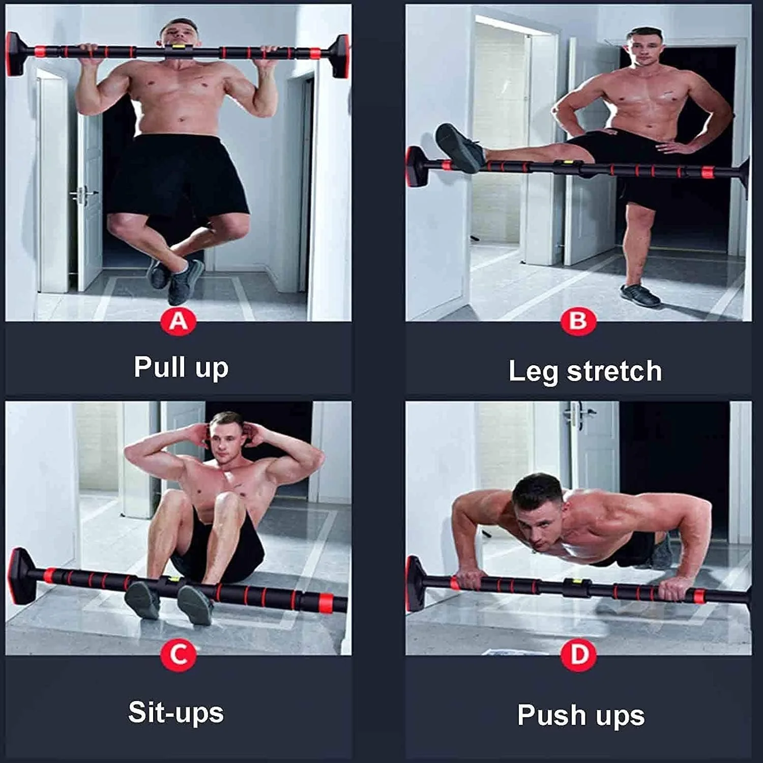 بارفیکس قابل تنظیم برای چارچوب در، تمرینات قدرتی با پیچ، نصب آسان، ورزش و تناسب اندام در خانه با تراز و عرض قابل تنظیم، حداکثر تحمل وزن 250 کیلوگرم، (92-130 سانتی متر) | رنگ قرمز