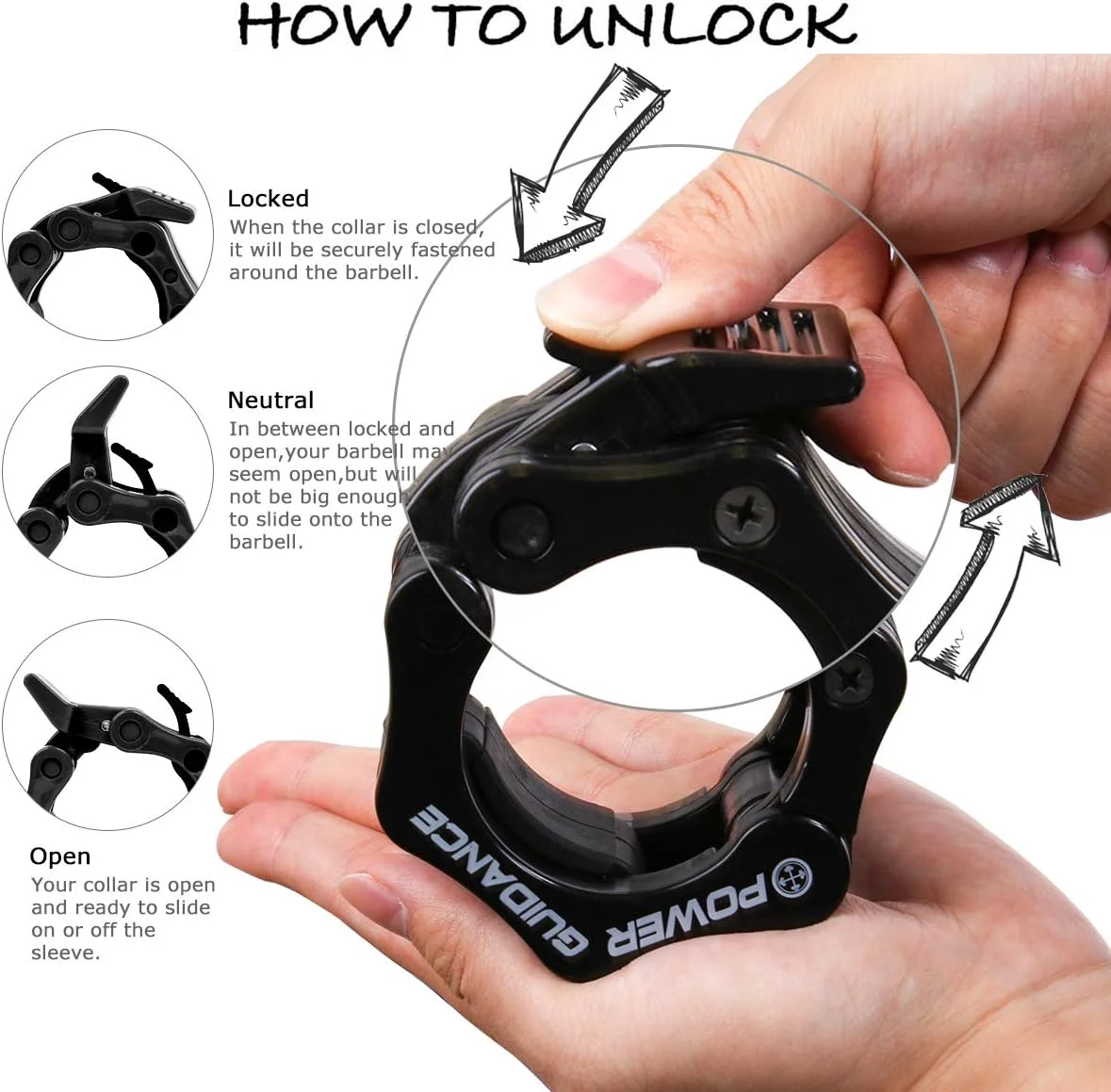 گیره هالتر POWER GUIDANCE با قطر 50 میلی‌متر، گیره قفل‌شونده سریع المپیک برای تمرینات وزنه‌برداری (مشکی 50 میلی‌متر)