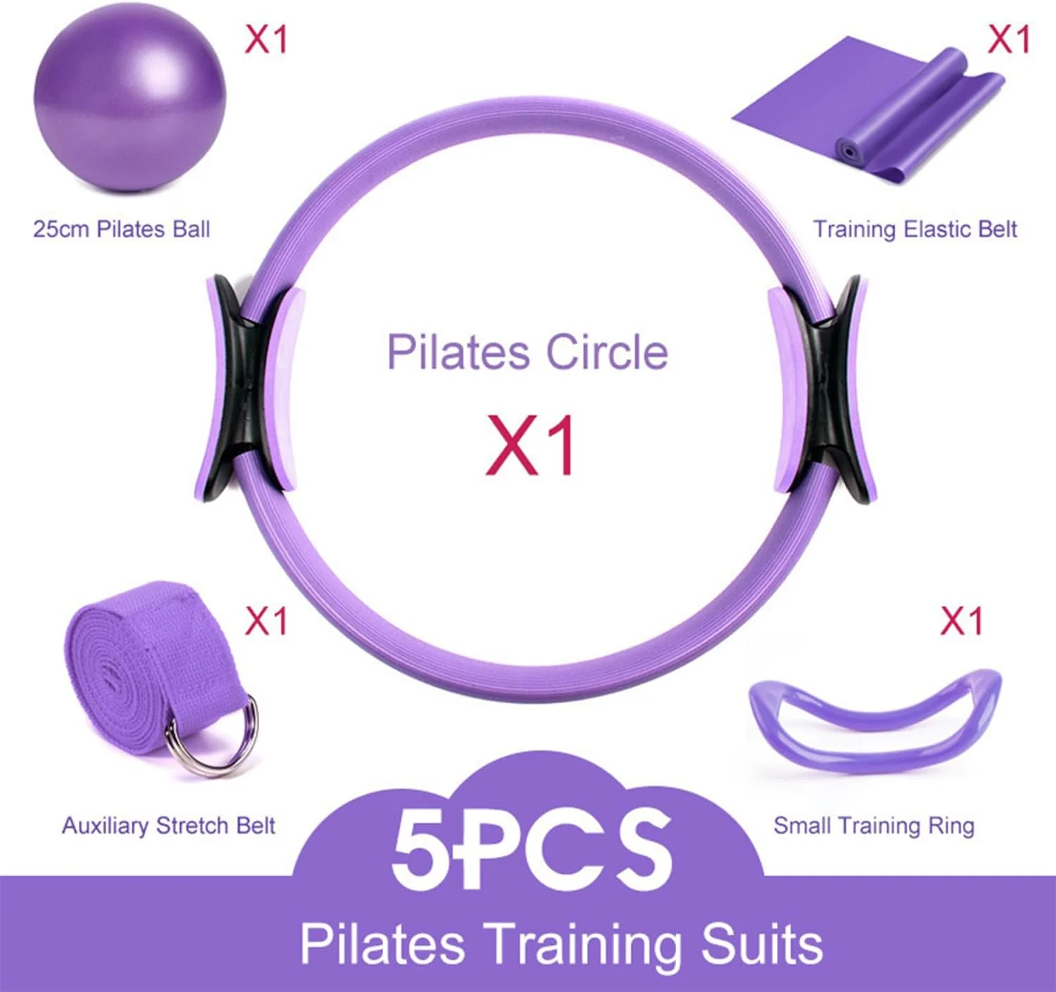 ست پیلاتس 5 تکه، توپ یوگا 25 سانتی متری، کش های مقاومتی، حلقه جادویی پیلاتس، کمربند کششی، تجهیزات بدنسازی خانگی برای تمرینات اصلی و تناسب اندام (بنفش)