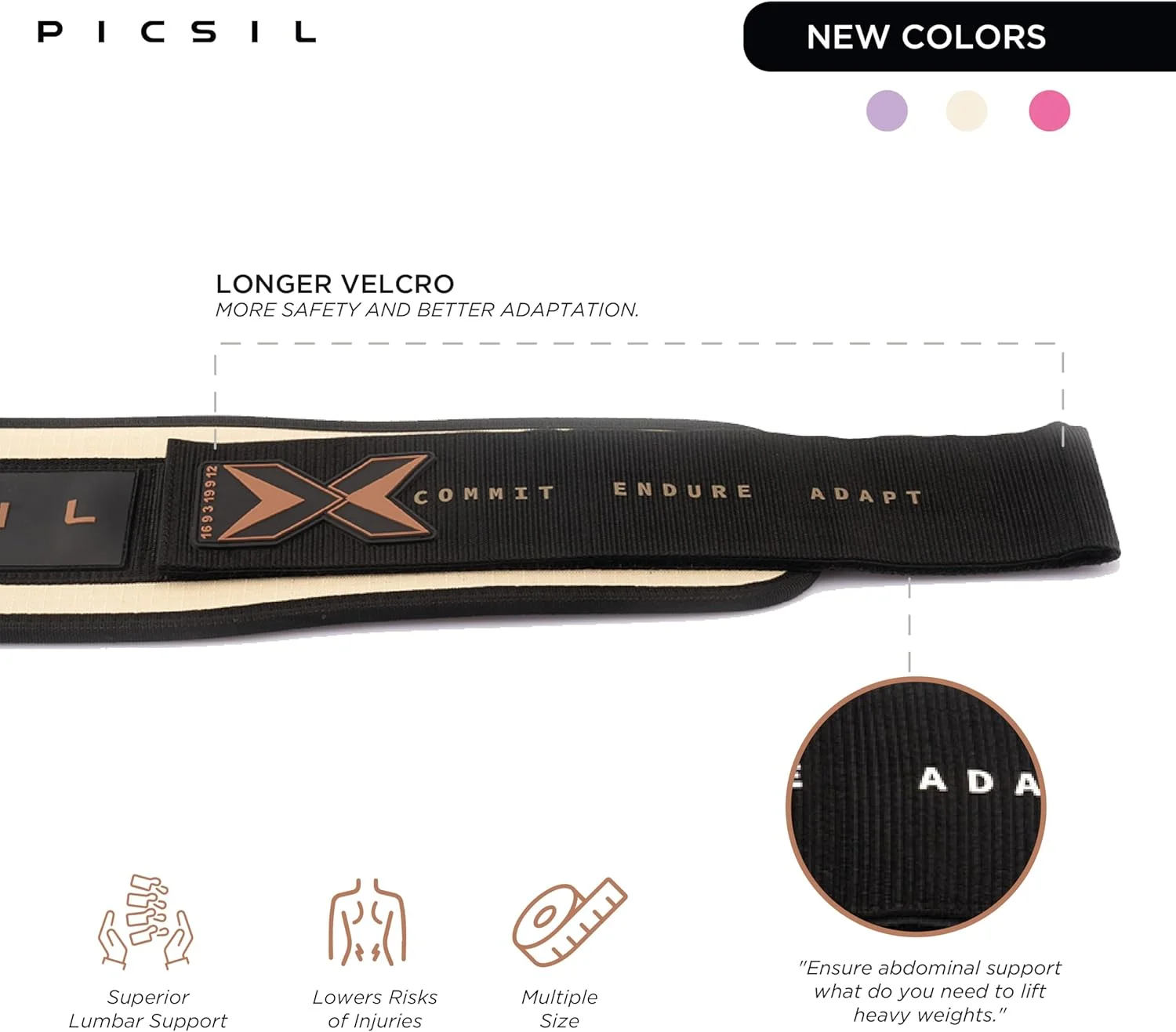 کمربند وزنه برداری PICSIL، پشتیبانی کمری، عالی برای اسکات، کلین، لانگز، ددلیفت، تراستر، کمربند قابل تنظیم با فضا برای وصله، کمر راحت