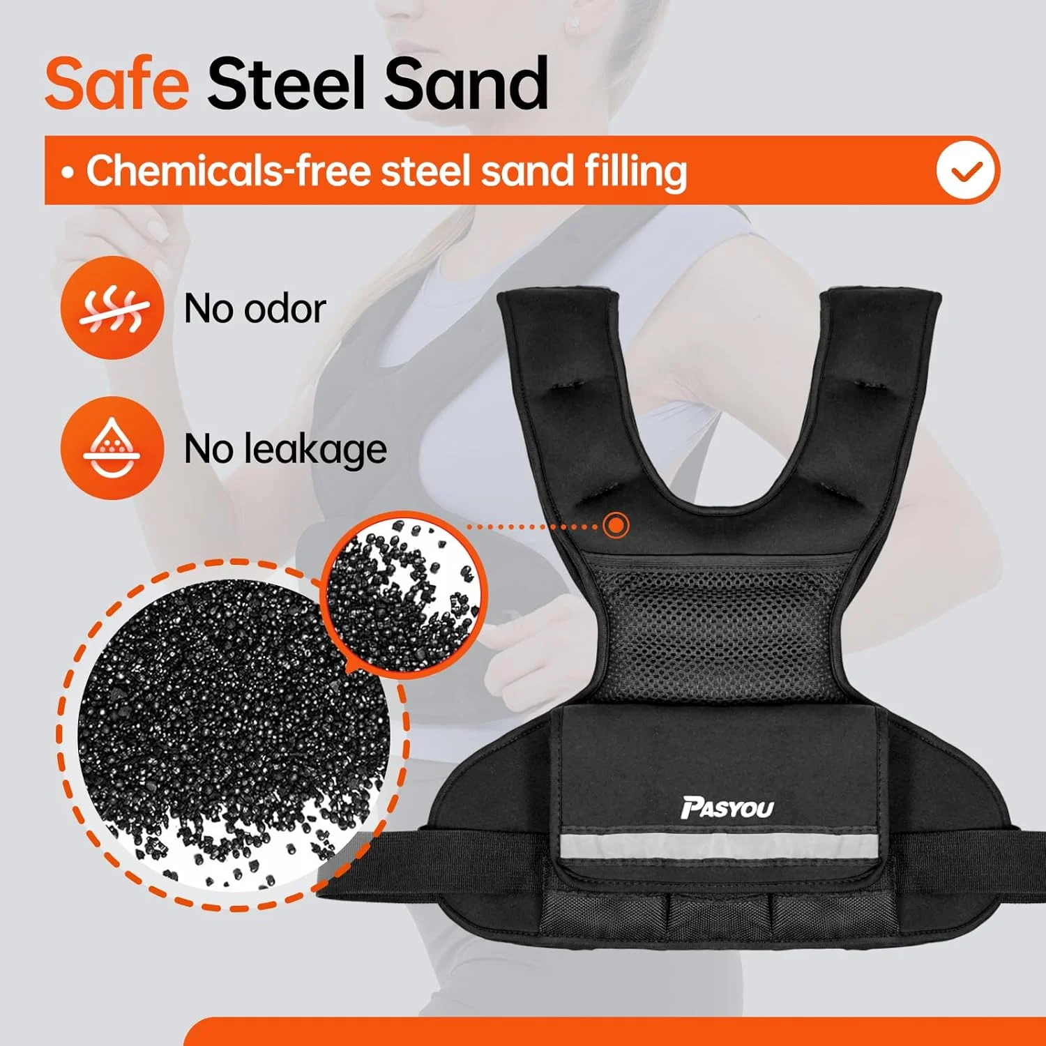 جلیقه وزنه دار قابل تنظیم PASYOU با وزن 4.5 تا 10 کیلوگرم به همراه نوار بازتابنده و 6 وزنه شنی و 2 وزنه مچ پا، مناسب برای تمرینات کاردیو، قدرتی و پیاده روی، مشکی، مردانه و زنانه