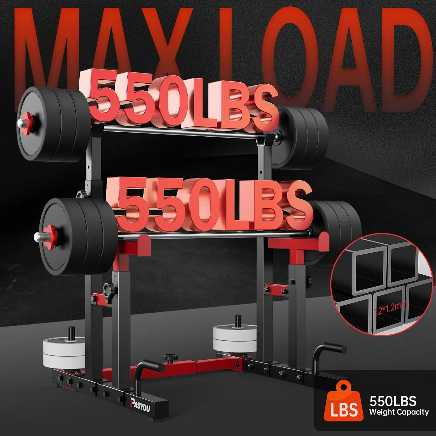 پایه اسکات قابل تنظیم PASYOU، پایه رک باشگاهی سنگین، پایه رک وزنه چند منظوره با محافظ، پایه دمبل تمرین قدرتی قابل حمل، حداکثر بار 250 کیلوگرم