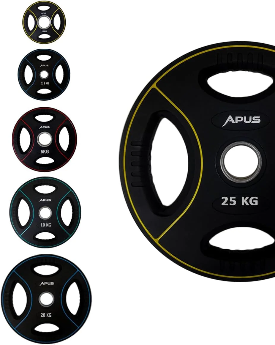 صفحات وزنه لاستیکی المپیک با دستگیره چهارگانه - ساختار PU بادوام، چسبندگی ایمن برای تمرینات قدرتی، ماندگاری طولانی، سازگاری متنوع، مناسب برای استفاده در باشگاه خانگی و تجاری