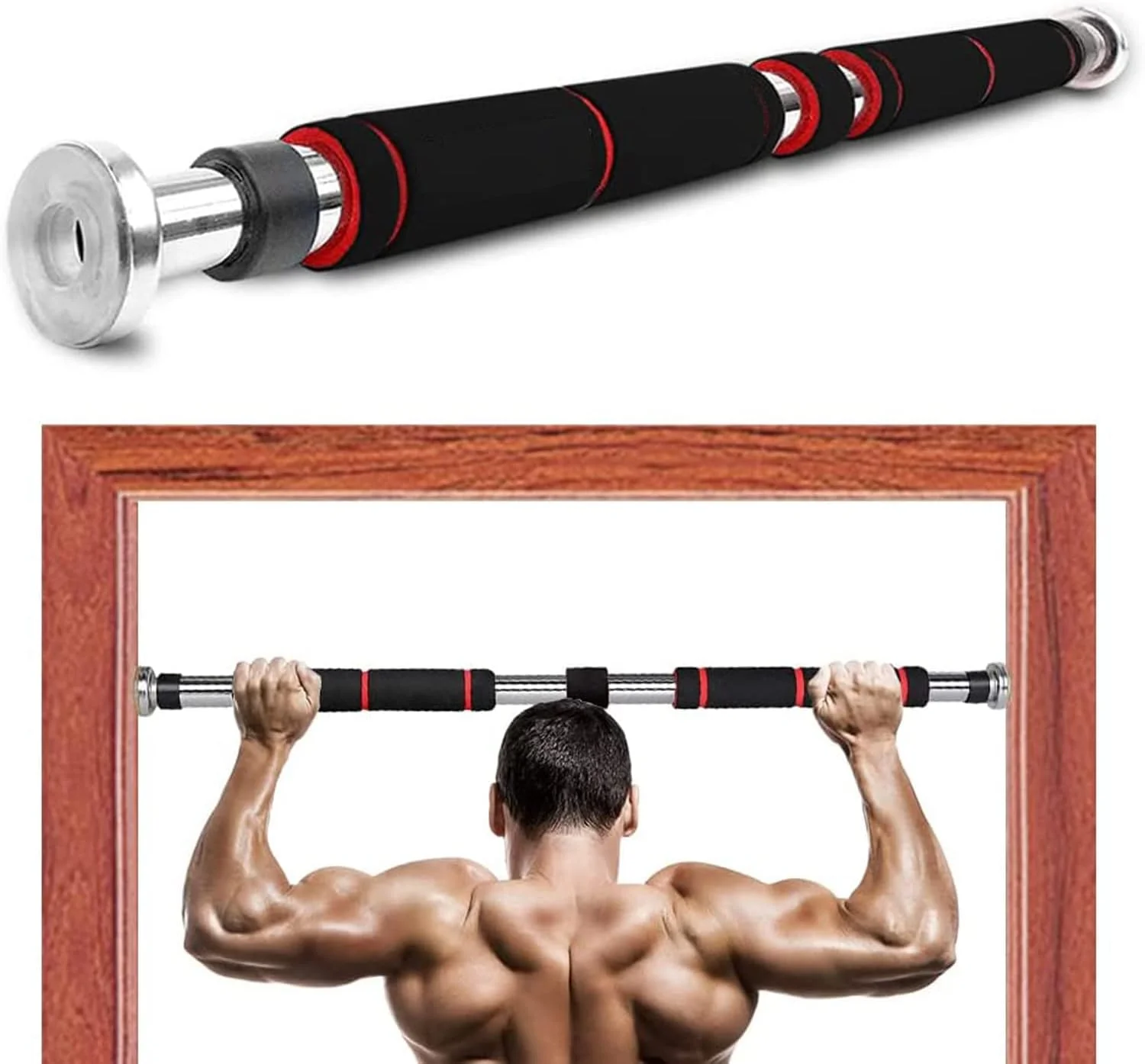 بارفیکس میله ای درب Nyganmelloz با نصب بدون پیچ، میله بارفیکس فولادی کرومی قابل تنظیم باشگاه با دستگیره بالشتکی (83-130 سانتی متر)