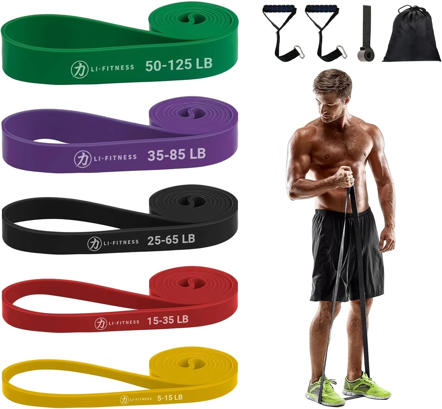 ست ۵ عددی کش های مقاومتی LI FITNESS با دسته - کش های کمکی بارفیکس سنگین، کش های ورزشی ۵ سطح برای تمرینات قدرتی در خانه و باشگاه (مردان و زنان)