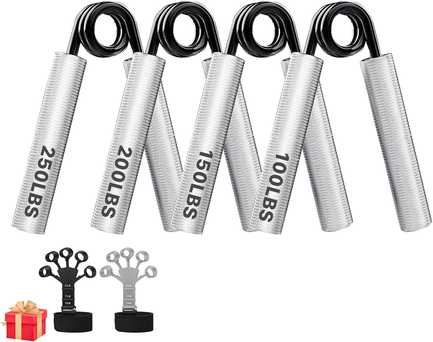 مجموعه تمرین دهنده گریپ فلزی LI FITNESS، 4 عددی با مقاومت 45 تا 113 کیلوگرم، تقویت کننده مچ و ساعد، تقویت کننده قابل تنظیم انگشت و تمرین دهنده انگشت - مشکی و خاکستری