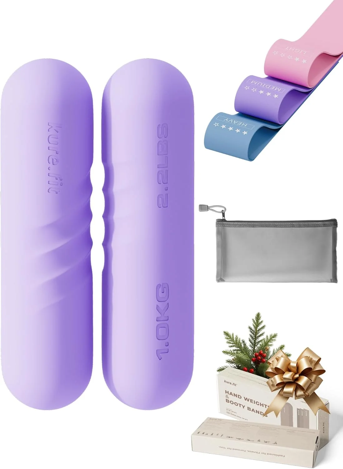 ست ورزشی - 2 وزنه دستی 1 کیلوگرمی + 3 کش مقاومتی باسن | پیلاتس، یوگا، رقص، ایروبیک، دویدن، کاردیو، باشگاه، تمرینات قدرتی | ضد لغزش | ست قابل حمل برای زنان و مردان
