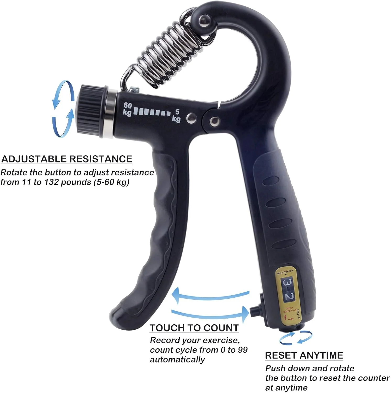 تقویت کننده مچ دست KAILIMENG با شمارنده، مقاومت قابل تنظیم از 5 تا 60 کیلوگرم، تمرین قدرتی برای انگشتان، فلزی مشکی