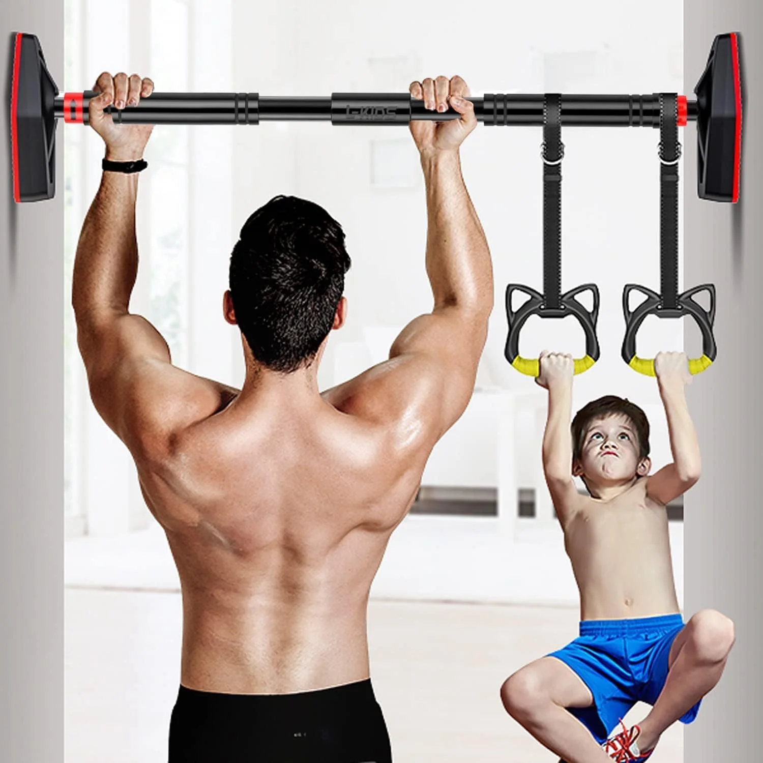 بارفیکس درب منزل جورونب به همراه میله ذوزنقه ای تاب و حلقه های ژیمناستیک کارتونی برای کودکان و بزرگسالان، بارفیکس بدون پیچ با مکانیزم قفل شونده