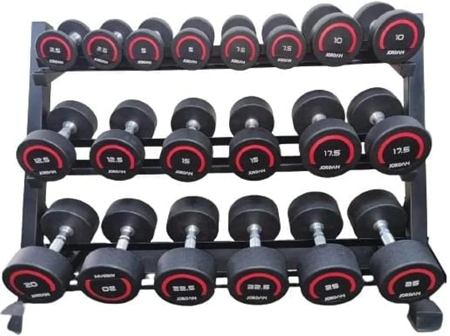 ست دمبل گرد ممتاز جردن فیتنس انگلستان از 2.5 کیلوگرم تا 20 کیلوگرم همراه با رک - وزنه های دمبل گرد برای تمرینات در خانه و باشگاه های ورزشی