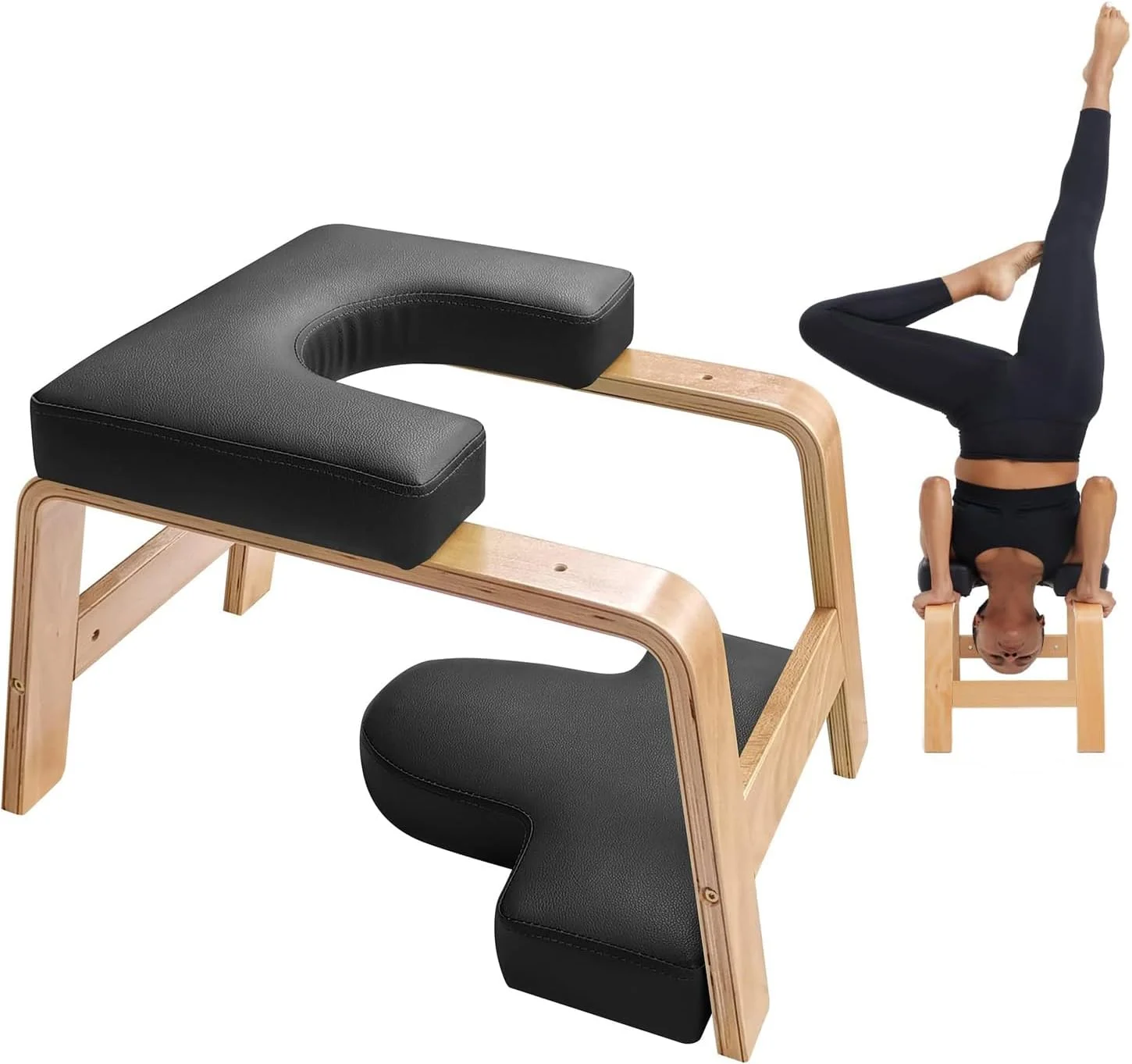 نیمکت وارونگی یوگا COFOEE، صندلی یوگا، چهارپایه یوگا چند منظوره، قاب چوبی و پدهای PU، صندلی وارونه برای تمرین تعادل و قدرت هسته بدن، ایده آل برای تمرینات خانگی، تناسب اندام و باشگاه