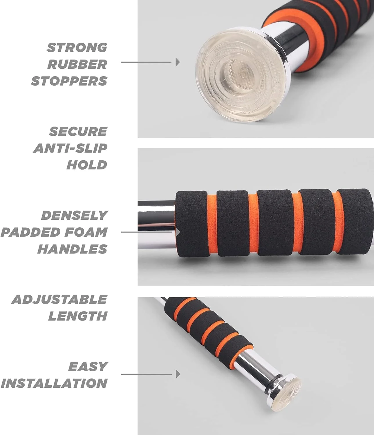 بارفیکس درب منزل: بارفیکس بدون پیچ با مکانیزم قفل شونده، حداکثر تحمل وزن 150 کیلوگرم، قابل تنظیم (62-100 سانتی متر)