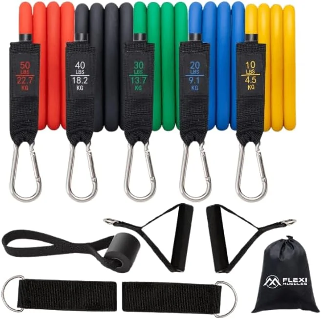 ست کش های مقاومتی - کش های ورزشی با دسته، لنگر در، 2 بند مچ پا برای لوله های مقاومتی. ایده آل برای تمرینات خانگی، فیزیوتراپی، یوگا و پیلاتس.