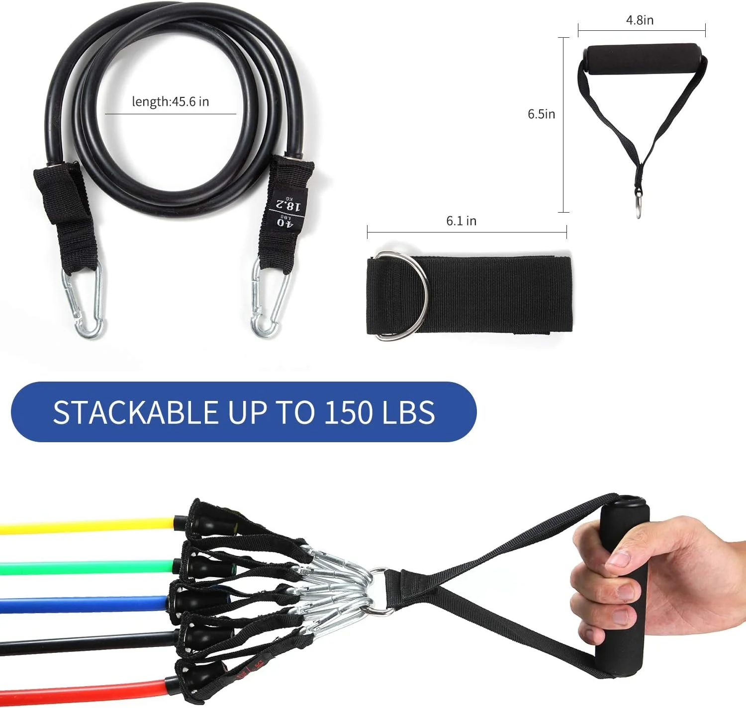 ست کش های مقاومتی - کش های ورزشی با دسته، لنگر در، 2 بند مچ پا برای لوله های مقاومتی. ایده آل برای تمرینات خانگی، فیزیوتراپی، یوگا و پیلاتس.