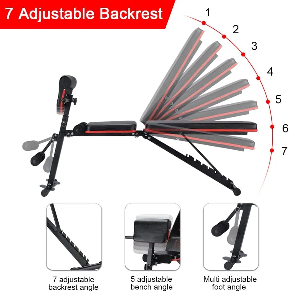 نیمکت وزنه قابل تنظیم گلوکلوز، نیمکت تمرین تاشو با ظرفیت بزرگ ۱۵۰ کیلوگرم و طناب های کشی برای باشگاه خانگی، تمرینات قدرتی تمام بدن، دراز و نشست، حالت صاف، شیب دار و سرازیری