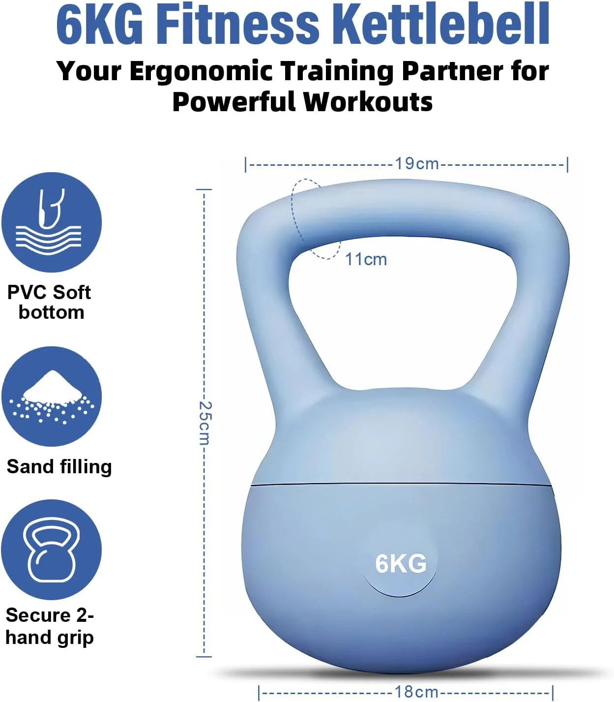 دمبل کتل بل نرم گلوکلوز با روکش PVC، پایه نرم و دسته ضد لغزش پهن برای تمرینات قدرتی، اسکات، تمرینات استقامتی، تمرینات مرکزی و فرم دهی بدن (6 کیلوگرم، آبی)
