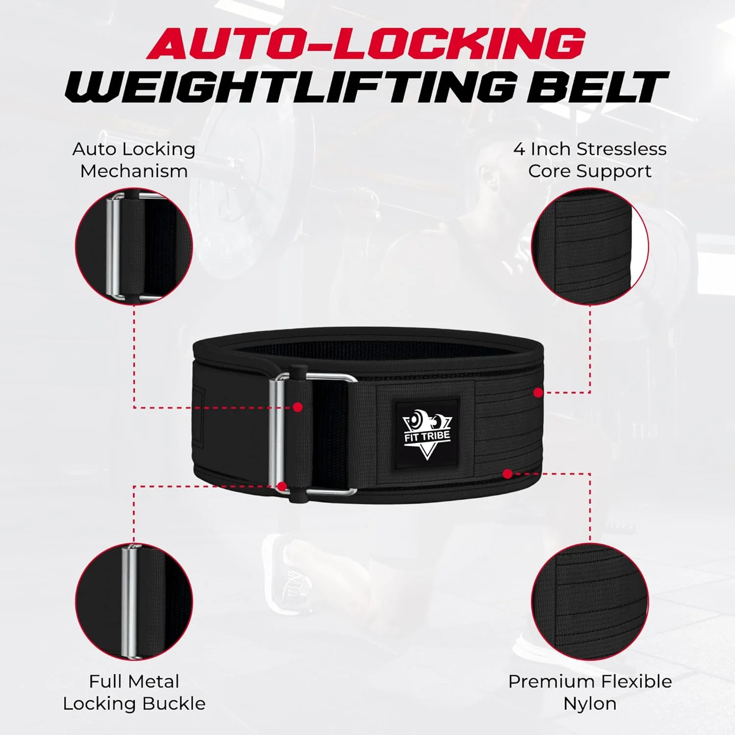 کمربند بدنسازی قابل تنظیم - کمربند وزنه برداری برای مردان و زنان - کمربند پاورلیفتینگ نایلونی بادوام با مکانیزم خود قفل شونده برای تمرینات قدرتی ایمن