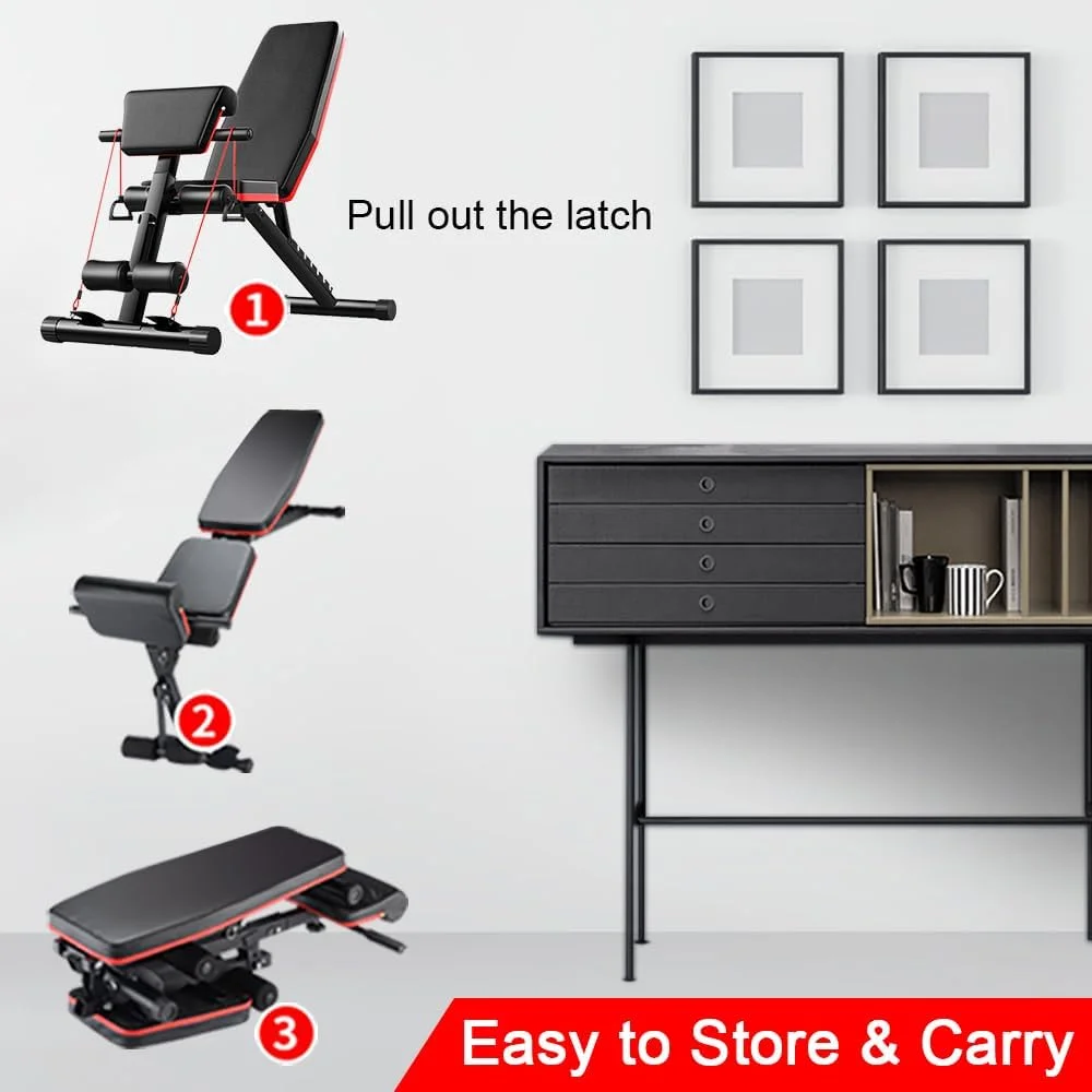 نیمکت وزنه قابل تنظیم گلوکلوز، نیمکت تمرین تاشو با ظرفیت بزرگ ۱۵۰ کیلوگرم و طناب های کشی برای باشگاه خانگی، تمرینات قدرتی تمام بدن، دراز و نشست، حالت صاف، شیب دار و سرازیری