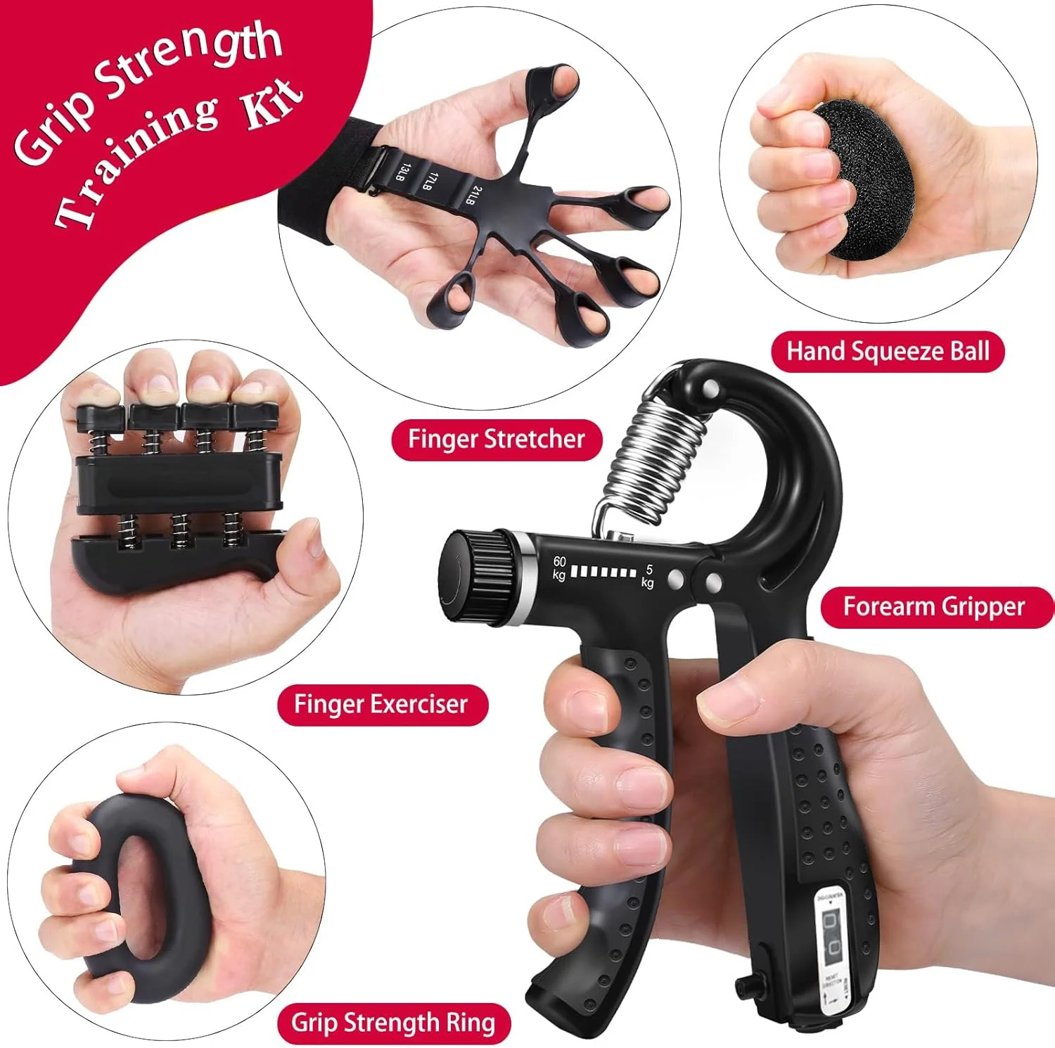 ست تقویت کننده قدرت مچ دست (6 تکه) شامل تمرین دهنده انگشت، تقویت کننده مچ دست، تمرین دهنده قابل تنظیم ساعد، تمرین دهنده باز کننده دست و توپ ضد استرس برای ورزشکاران