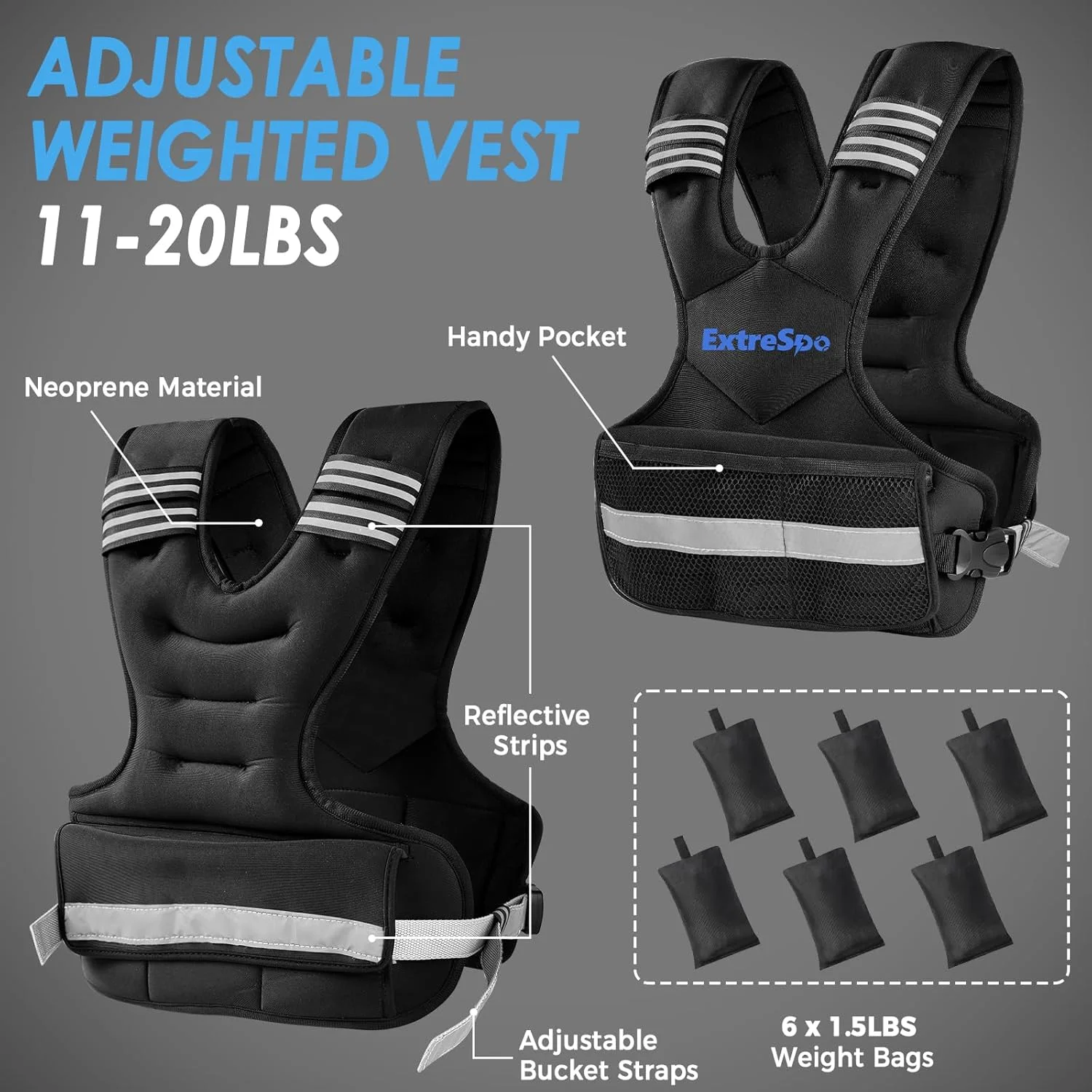 جلیقه وزنه دار قابل تنظیم برای زنان و مردان، جلیقه وزنه دار 2 تا 4.5 کیلوگرم/5 تا 9 کیلوگرم با 6 وزنه ماسه آهن، ست تمرین جلیقه وزنه بدن با نوار بازتابنده برای تمرینات قدرتی و ورزشی